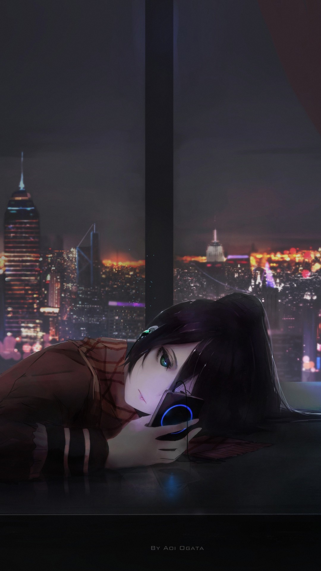 1080x1920 Anime Girl, Depressed, Cityscape, Music, Scarf