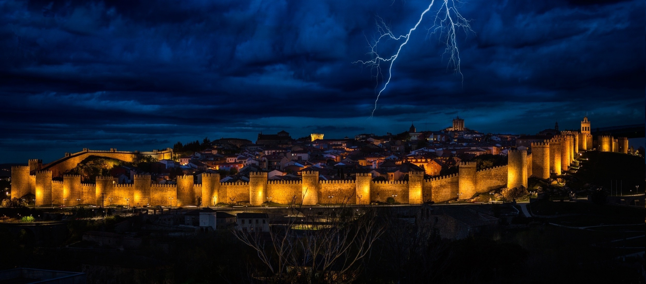2500x1100 landscape, Lightning, Clouds, Nature, Spain, Lights, City, Evening, Sky,  Gold, Blue Wallpapers HD / Desktop and Mobile Backgrounds