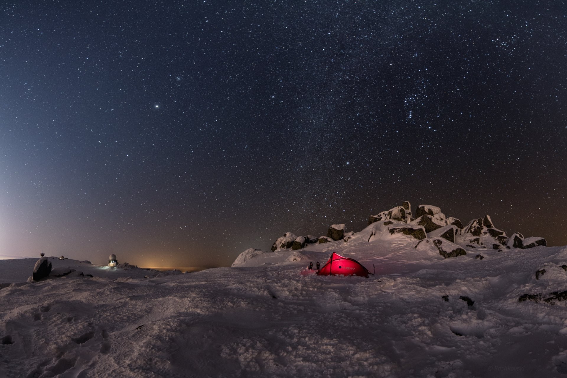 1920x1279 winter snow tent stones night sky star