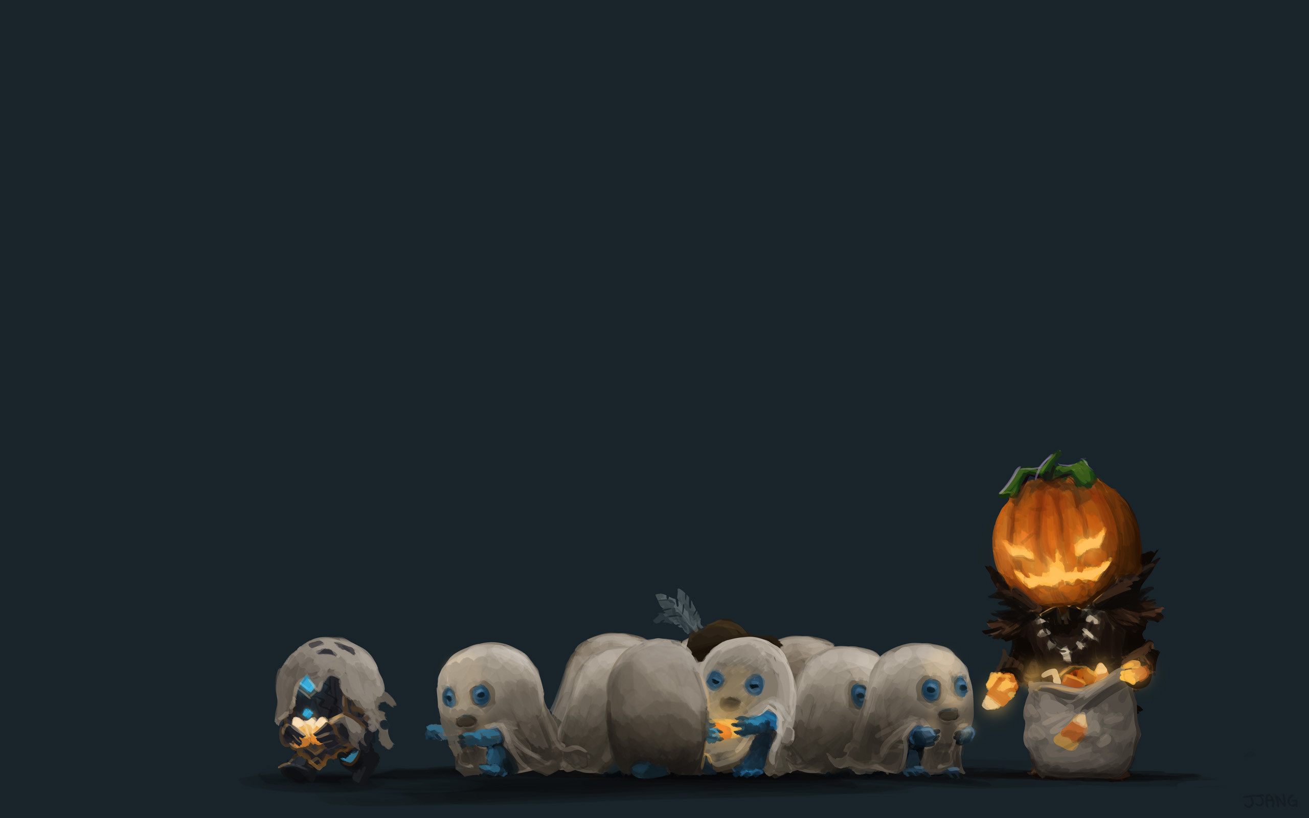 2560x1600 I think this person's work has been posted before, but these halloween  backgrounds are awesome. I love the golem running away with the candy in  the first ...