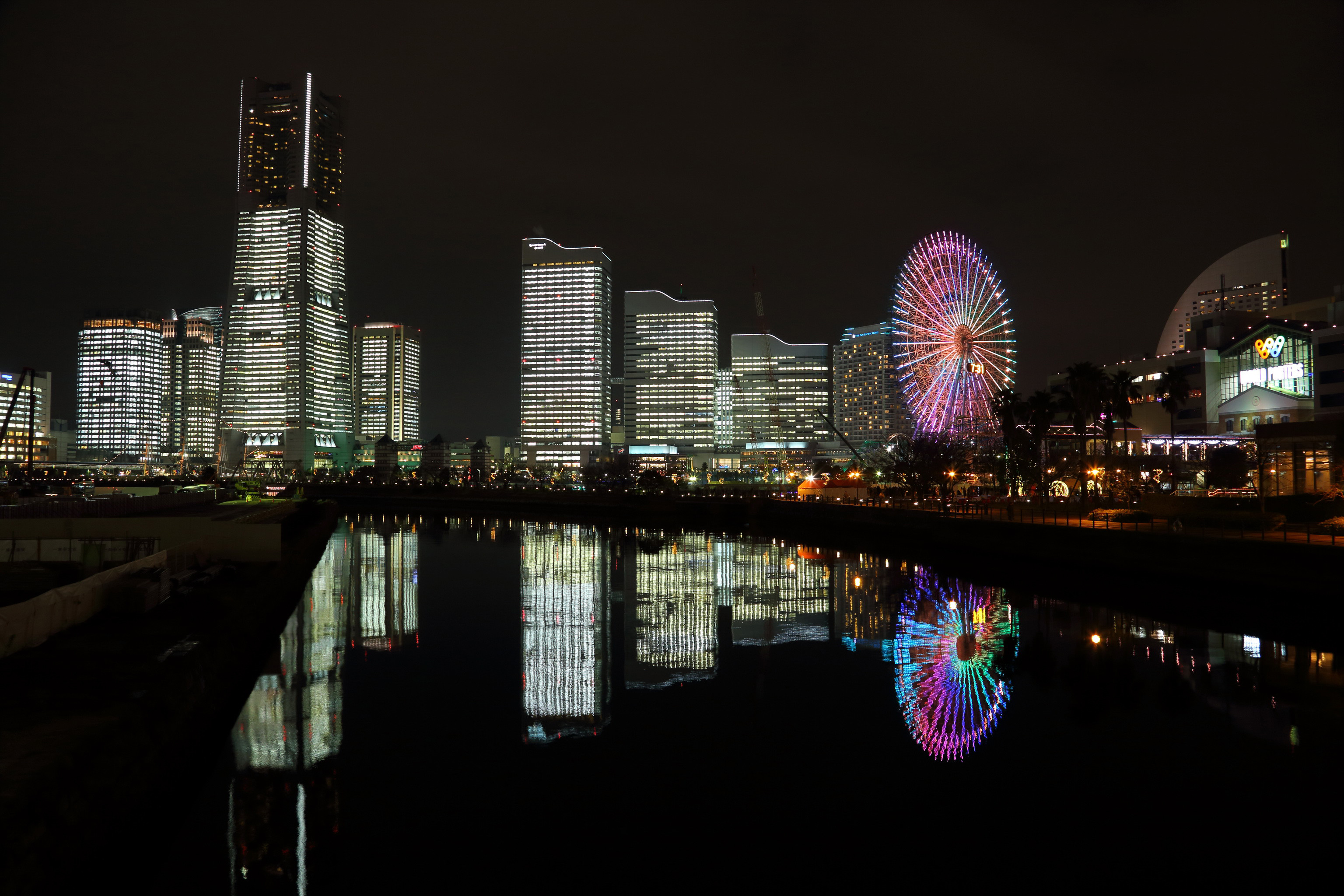 3072x2048 Wallpapers Japan Yokohama Ferris wheel Rivers night time Skyscrapers Cities   Night