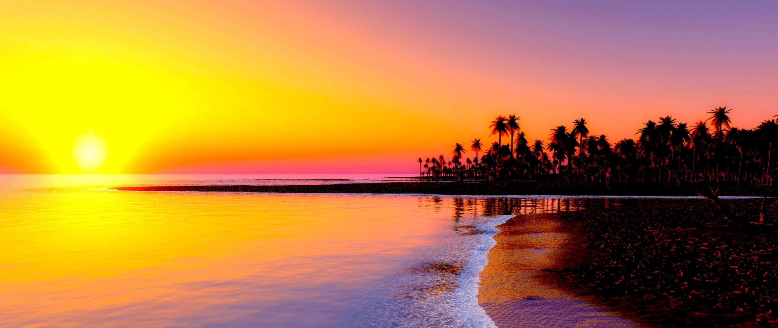2560x1080 Preview wallpaper beach, tropics, sea, sand, palm trees, sunset 