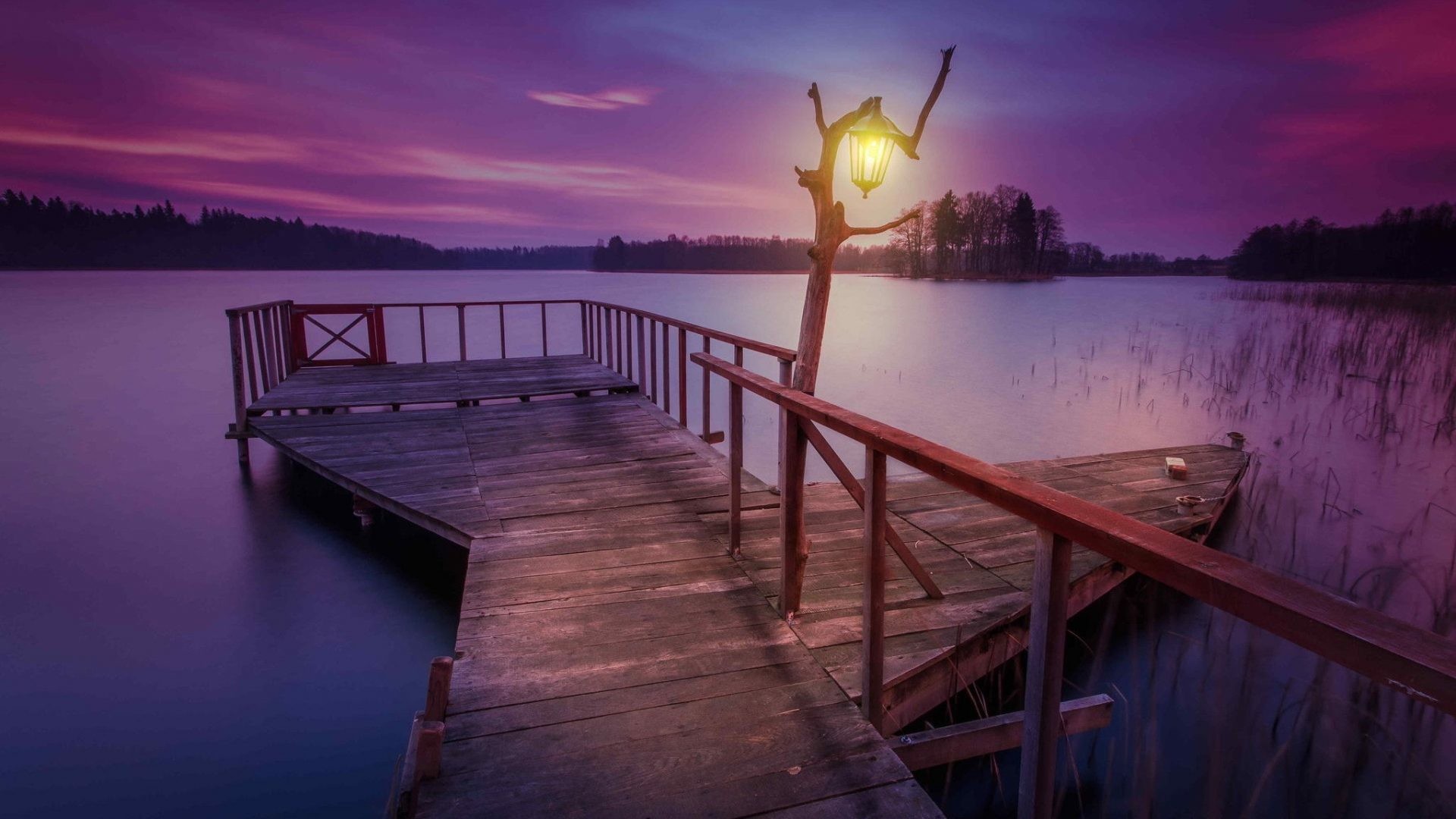 1920x1080 #885577 Color - Purple Sunset Lanterns Lake Pier Sky Splendor Nature Clouds  Background Iphone for