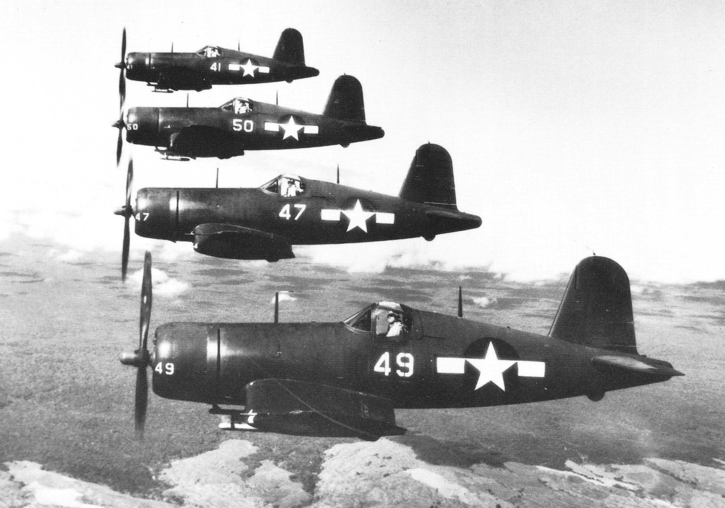 2400x1682 A four-ship line abreast formation of Chance-Vought F4U Corsairs over the  Hawaiian