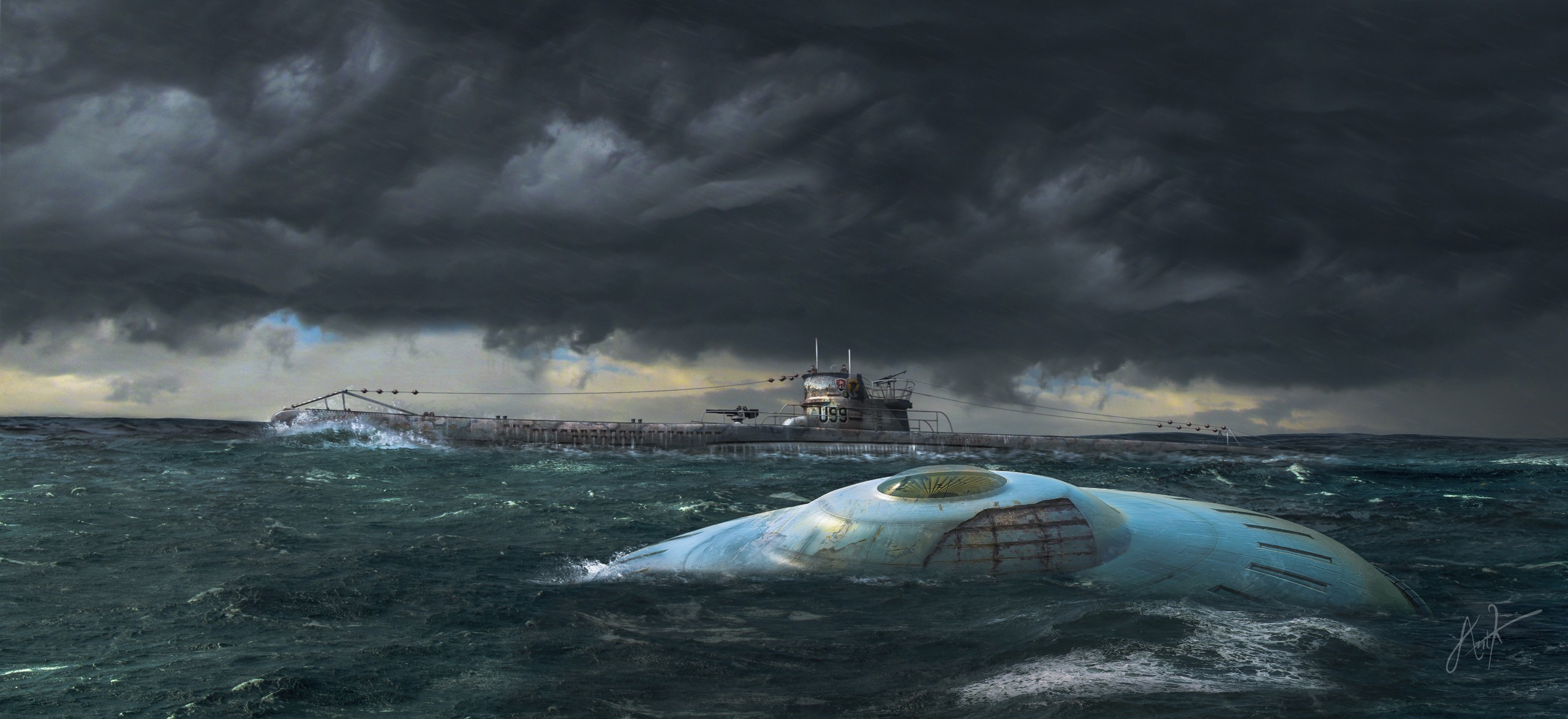 2560x1174 artwork, UFO, Submarine Wallpaper HD