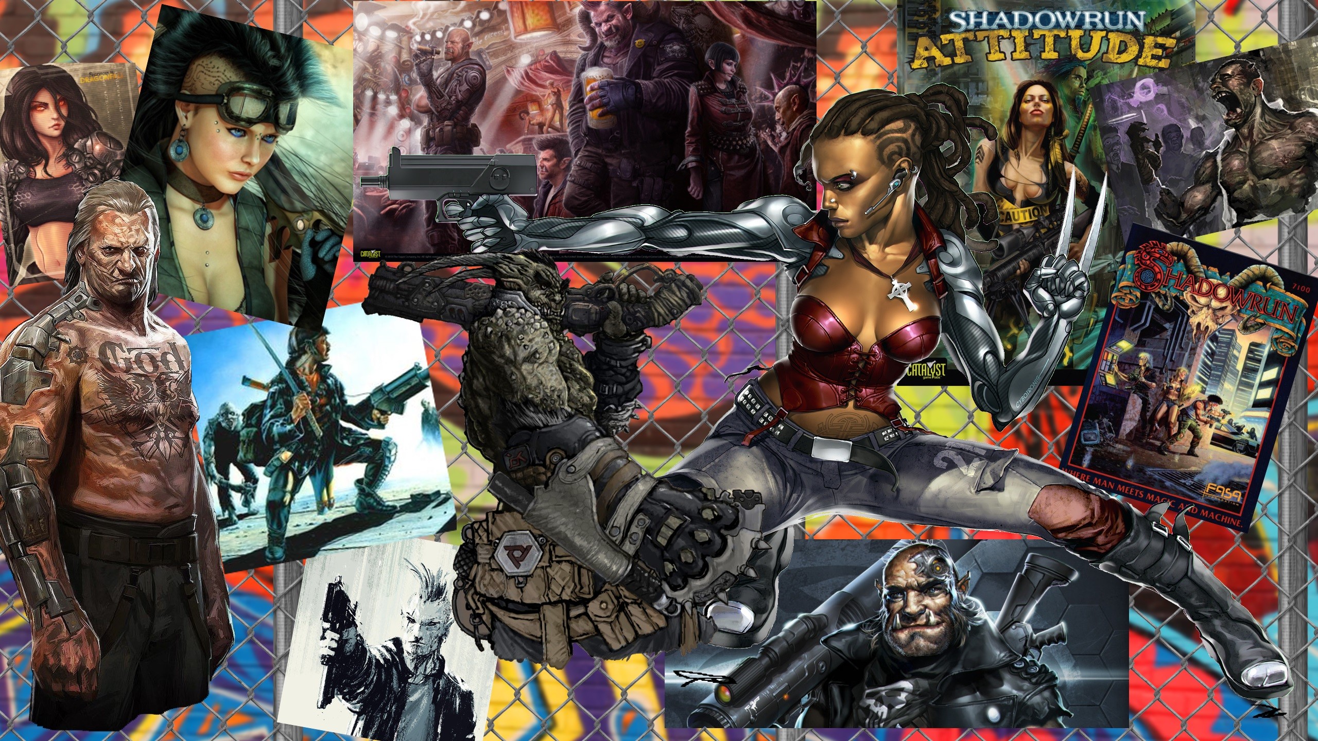 2560x1440 Sci Fi - Cyberpunk Shadowrun Woman Gun Troll Collage Orc Wallpaper