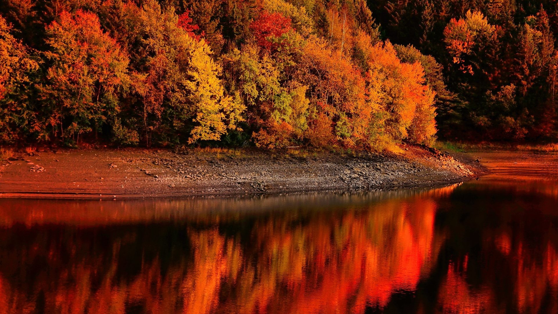 1920x1080 Autumn Tag - Serenity Fall Reflections Shore Red Lake Trees Calmness  Beautiful Foliage River Autumn Free
