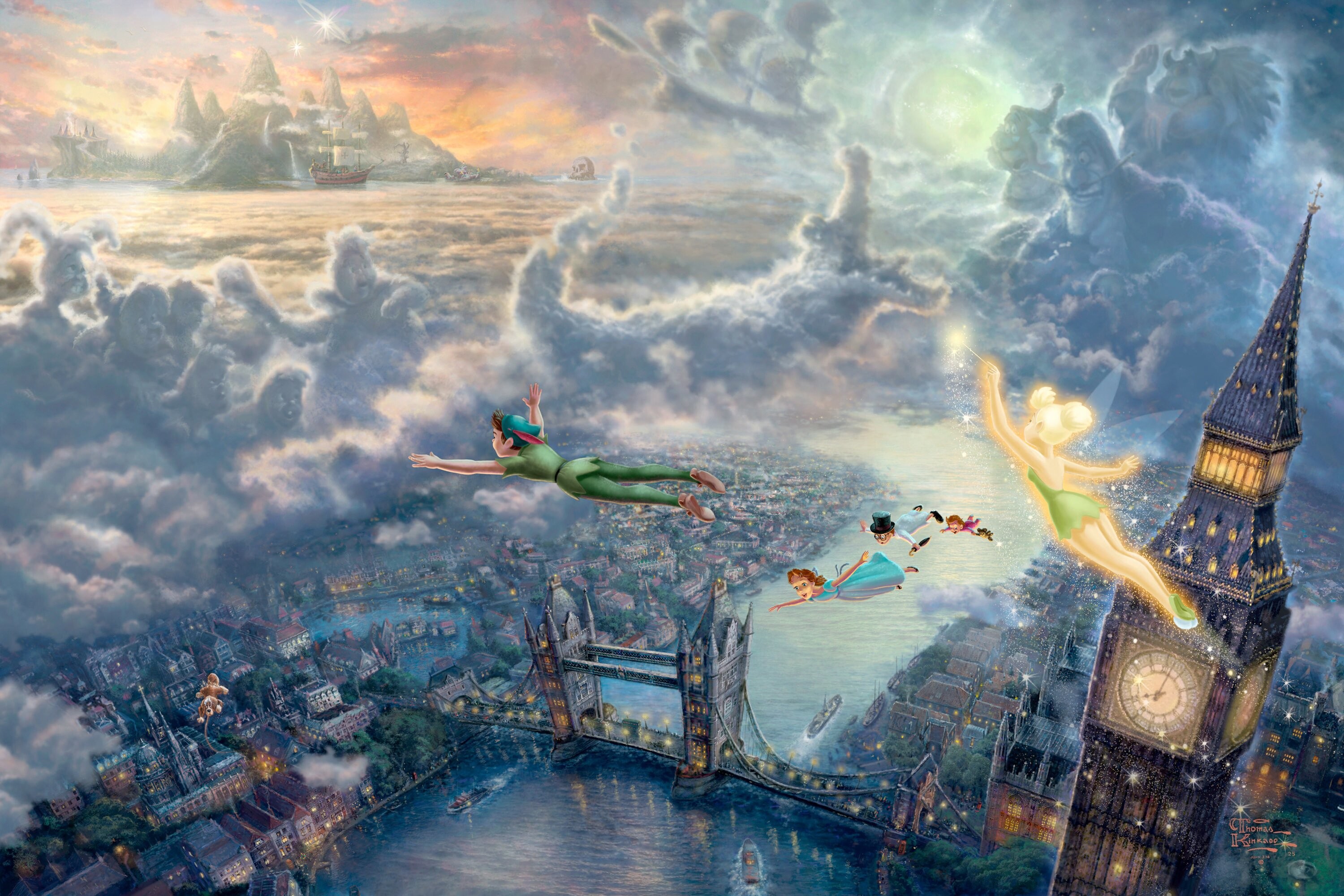 3000x2000 Thomas Kinkade Disney Art London bridge Big Ben watch Peter Pan Tinkerbell  Ding-ding fairy