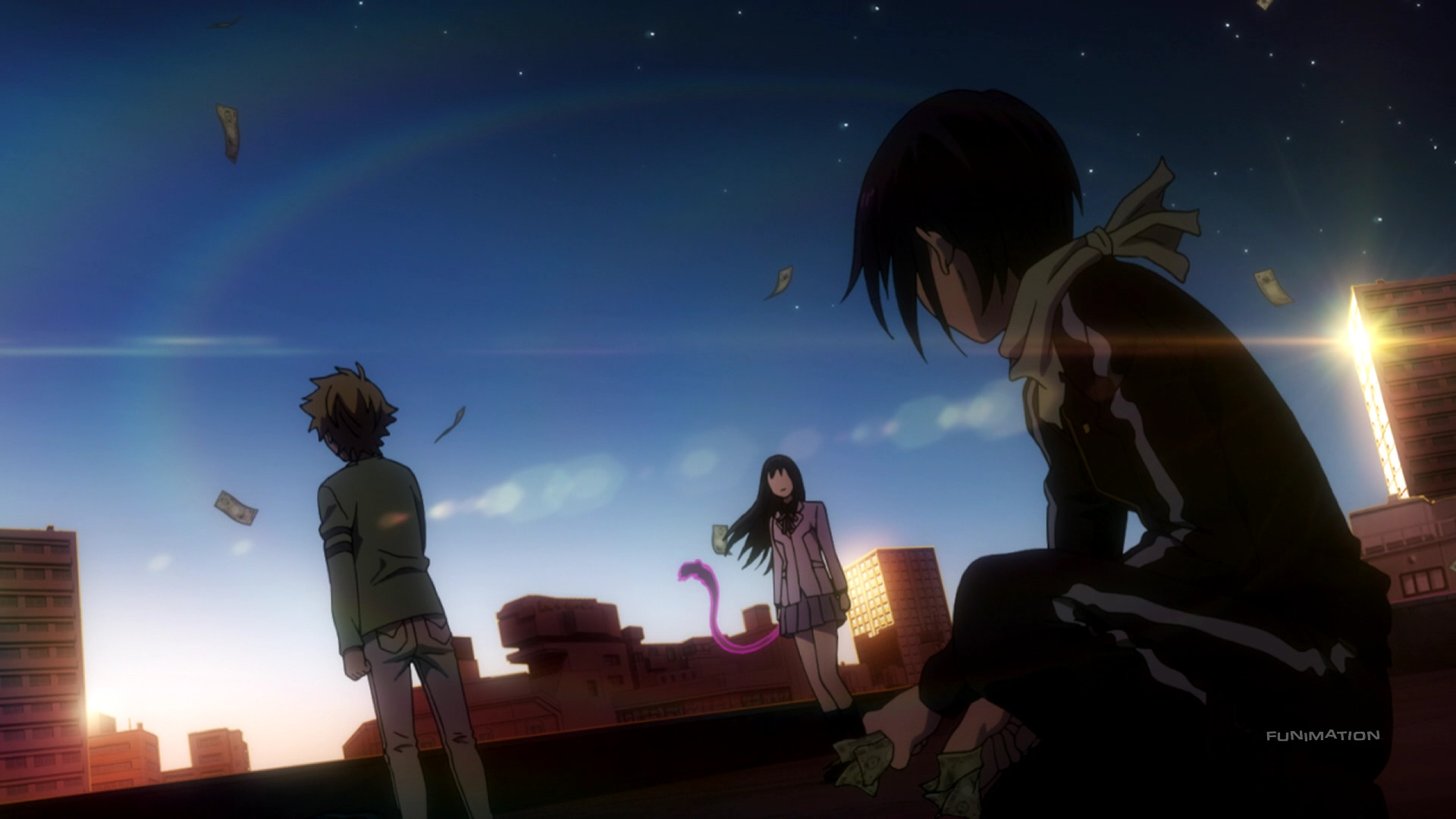 1920x1080 Noragami Aragoto / Episode 7 / Yato, Hiyori, and Yukine standing on a  rooftop