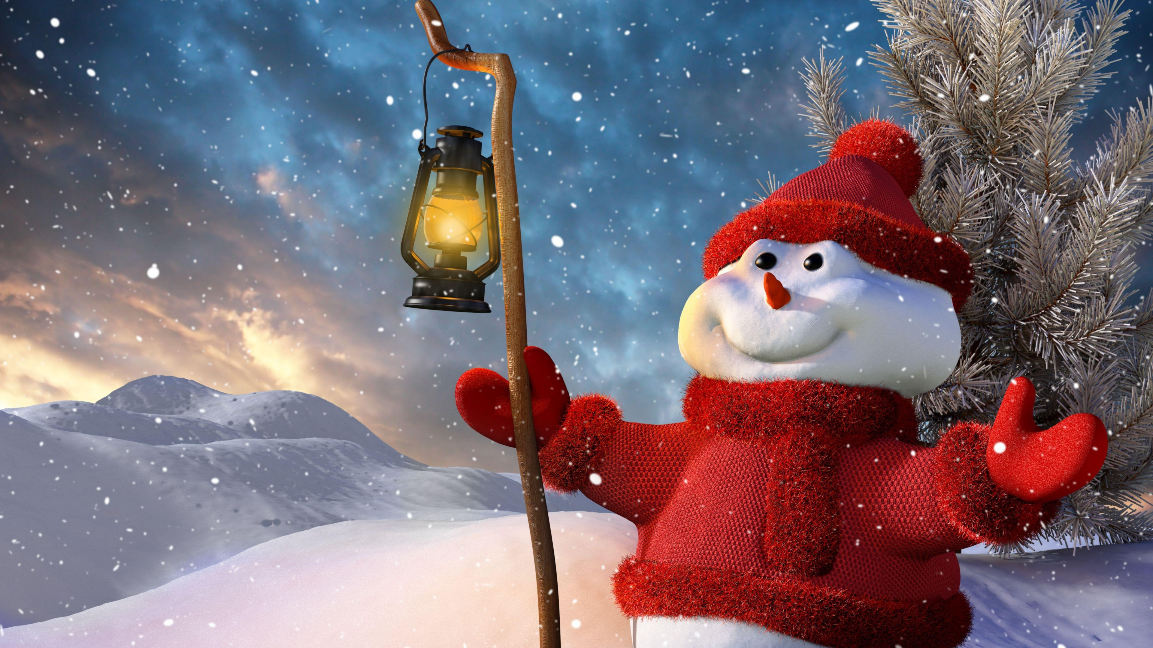 3840x2160 Preview wallpaper new year, christmas, snowman, lamp, tree, snow, smiling