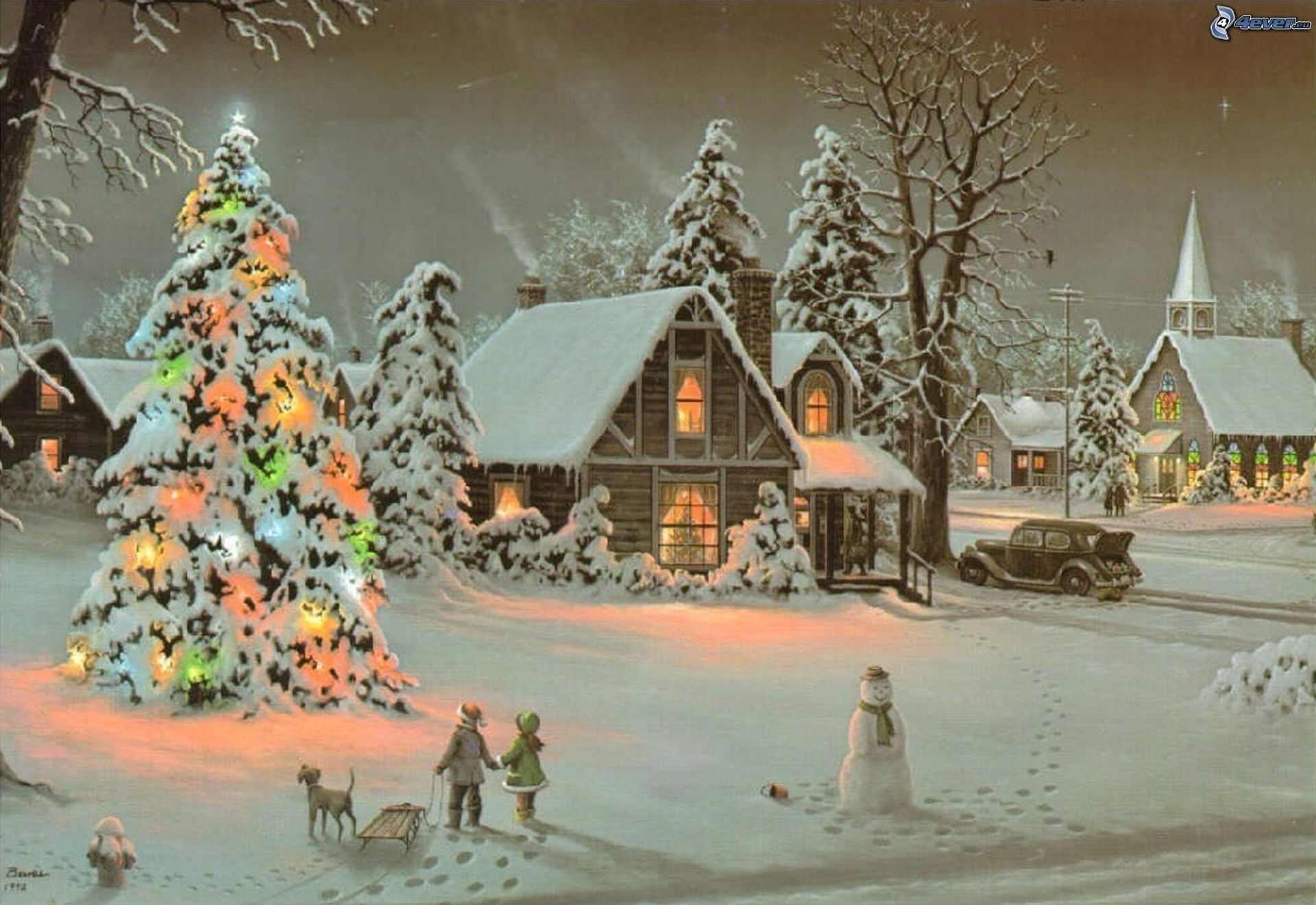 1920x1320 snowy village, cartoon village, christmas tree, snowman, Thomas Kinkade