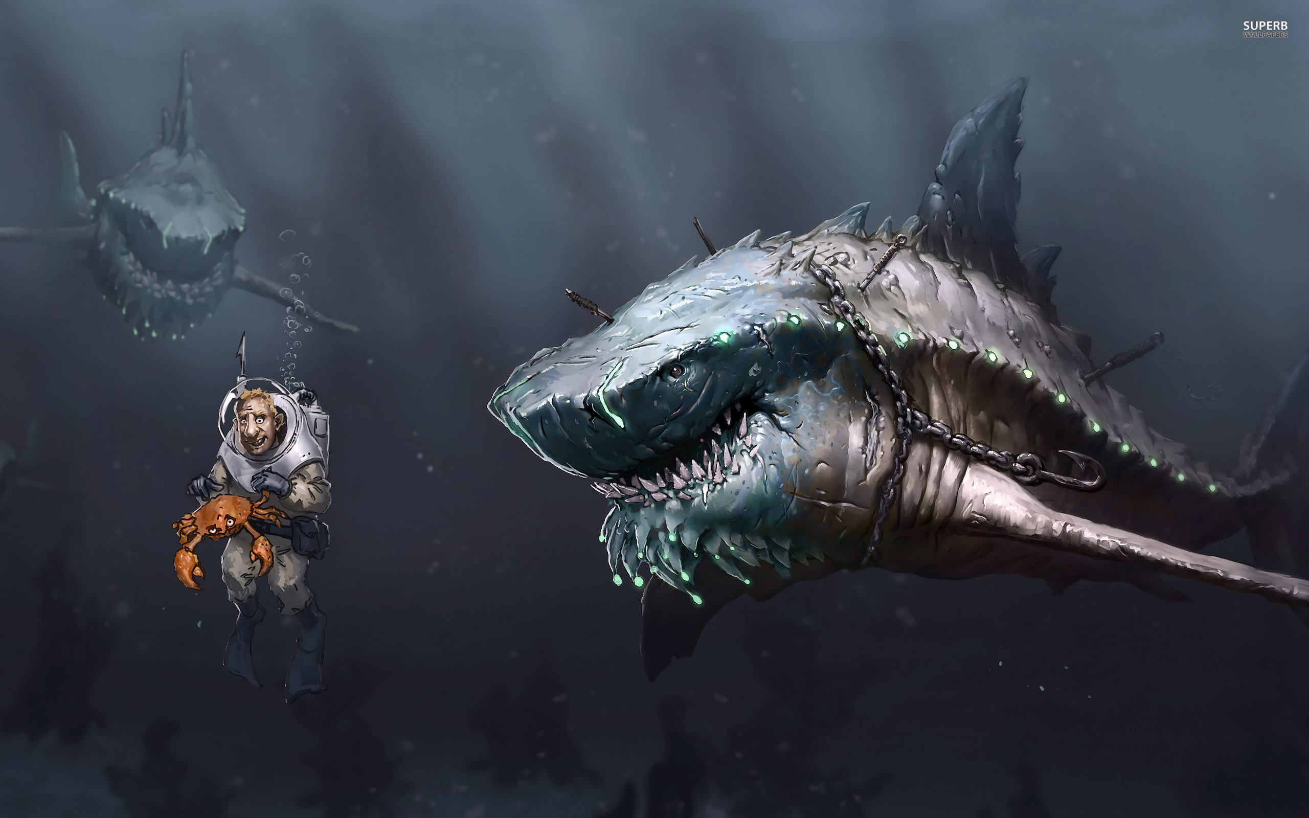 2560x1600 Sharks Attacking The Diver Wallpaper - Fantasy Wallpapers - #20349
