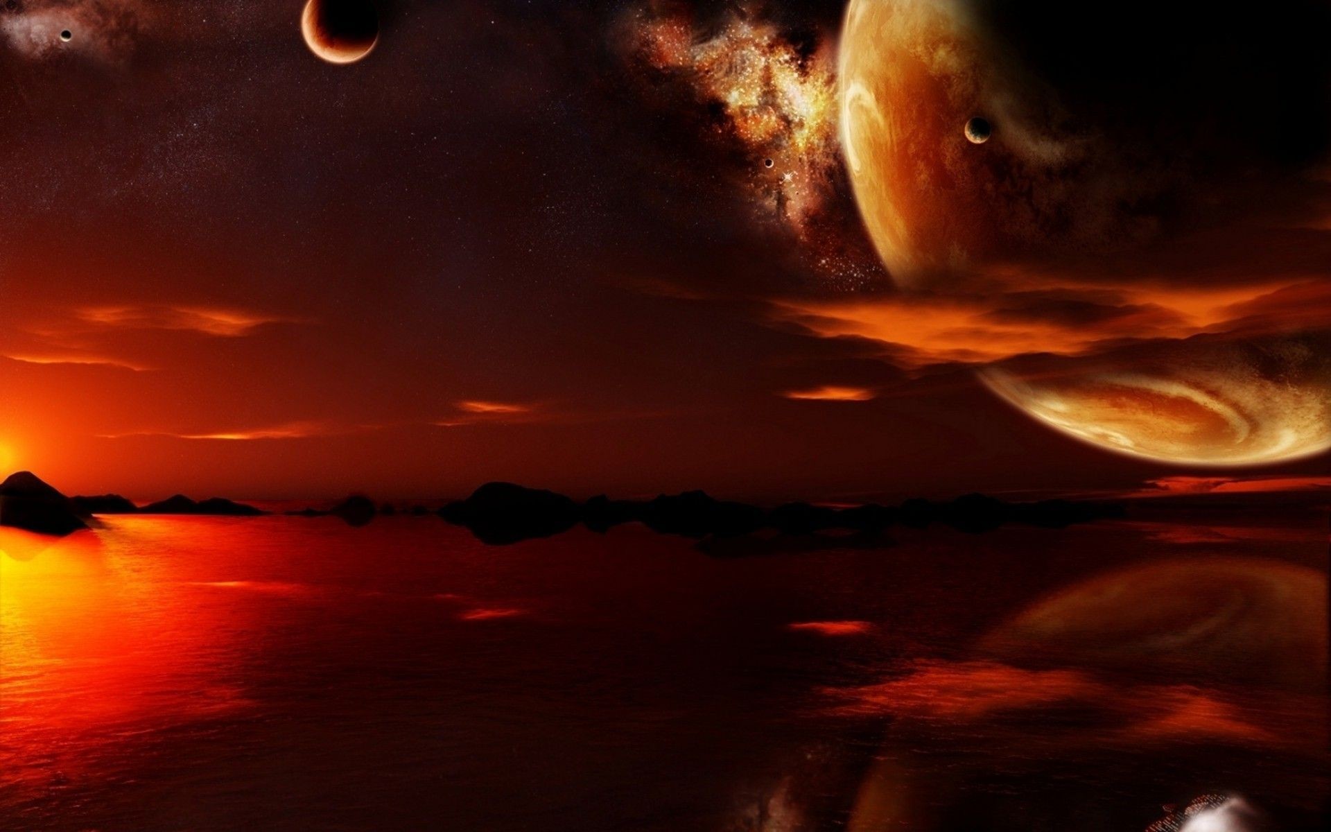 1920x1200 Red planet, moon, sky, lake, sunset, fantasy,  HD .
