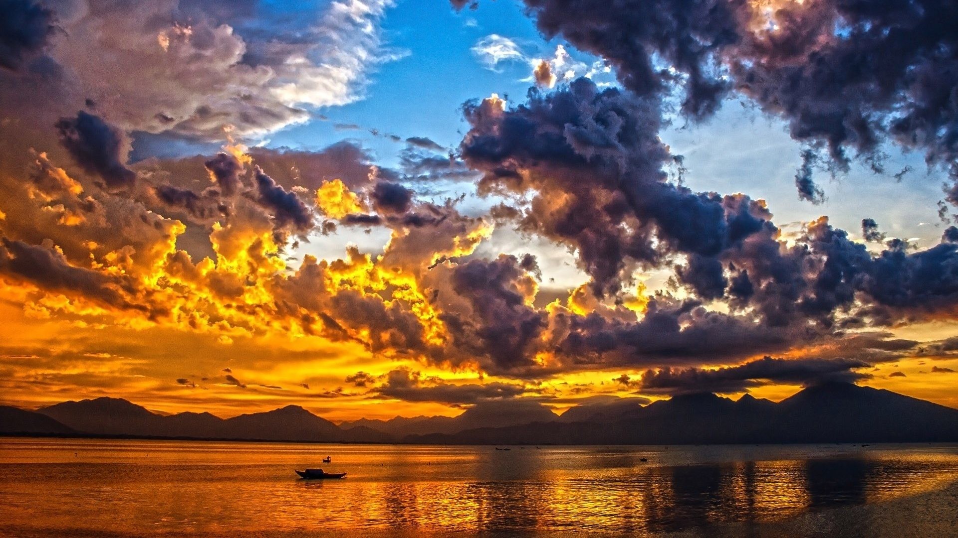 1920x1080 Clouds Lake Sunset Awesome Landscape Sky Boats Boat Nature Sea Desktop  Wallpaper