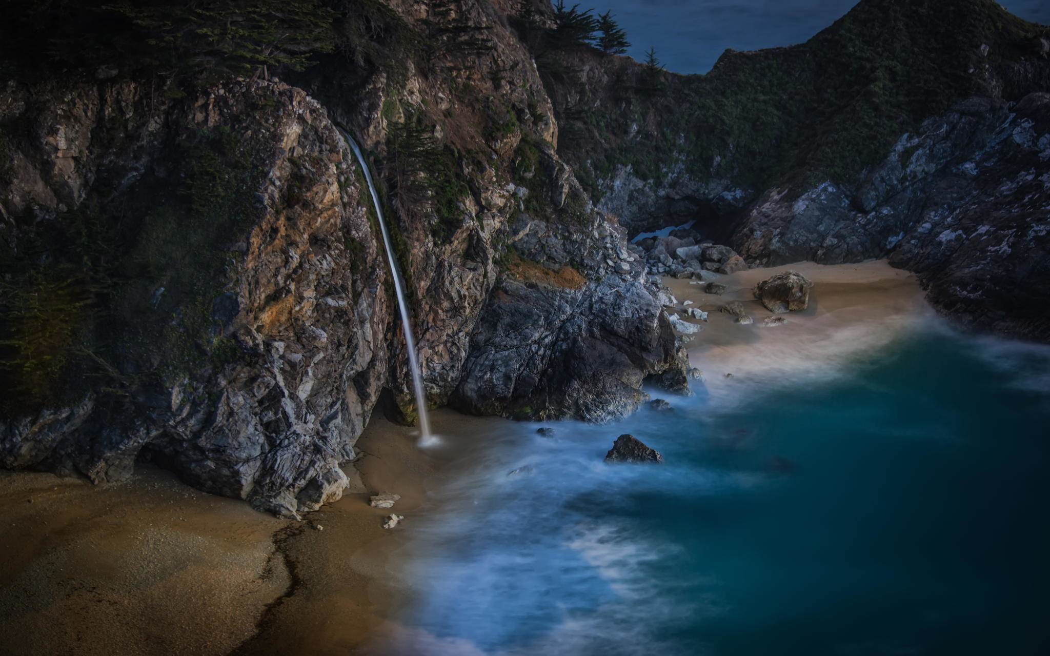 2048x1279 California Beach Rocks Waterfall Moon Light Desktop Wallpaper Uploaded by  DesktopWalls