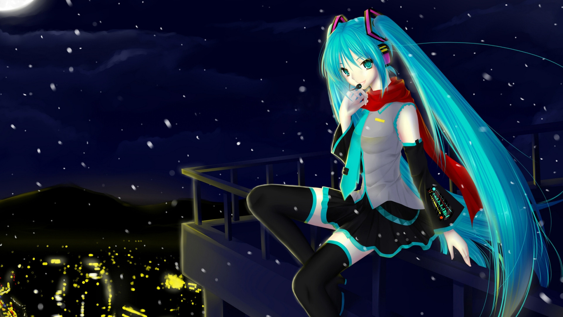 1920x1080 Preview wallpaper hatsune miku, vocaloid, night, city, girl, microphone,  scarf