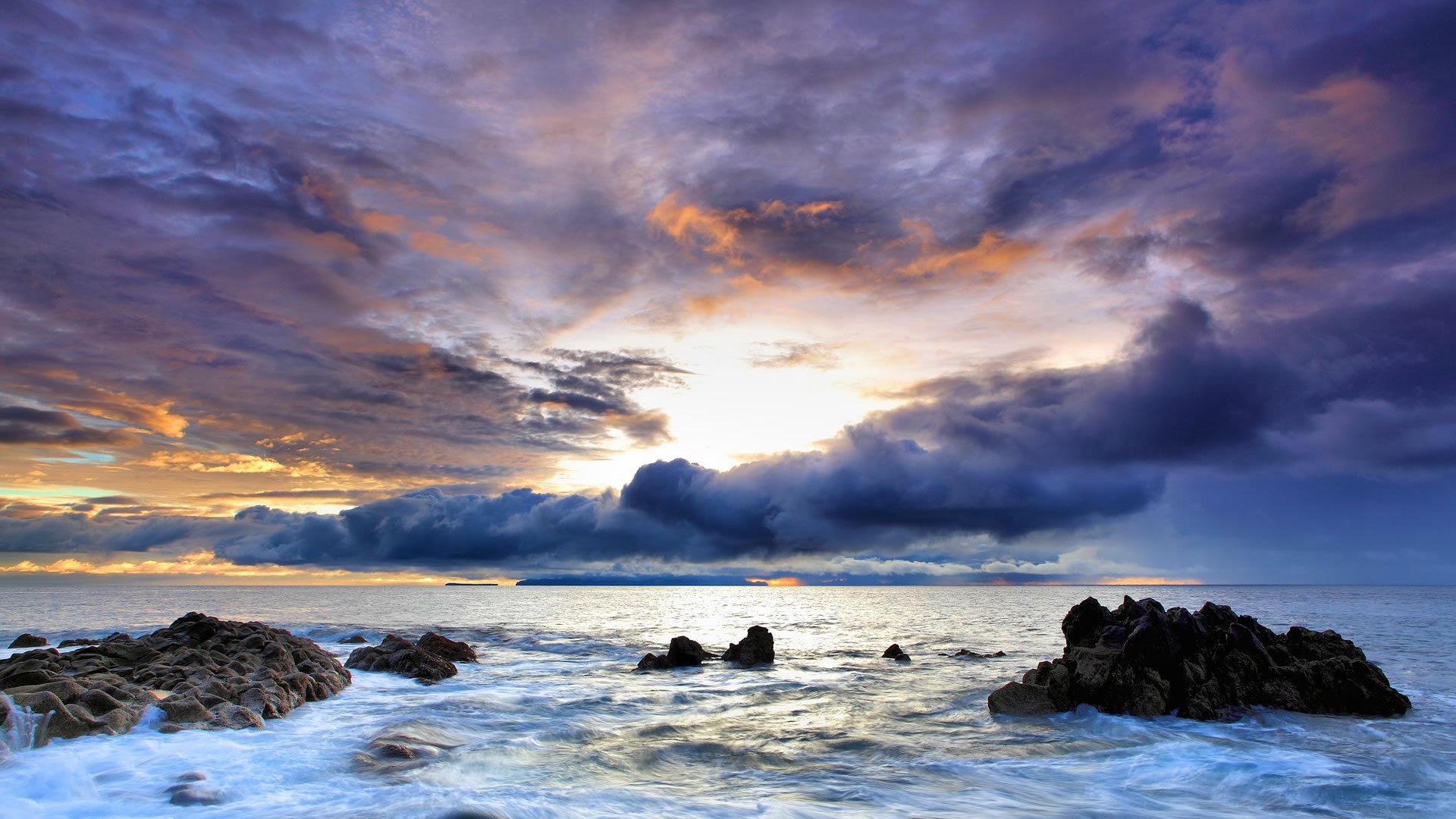 1920x1080 Oceans - Sunset Purple Blue Skies Waves Beautiful Coast Ocean Rocks Scenery  Beach Sunrise Nature Wallpapers