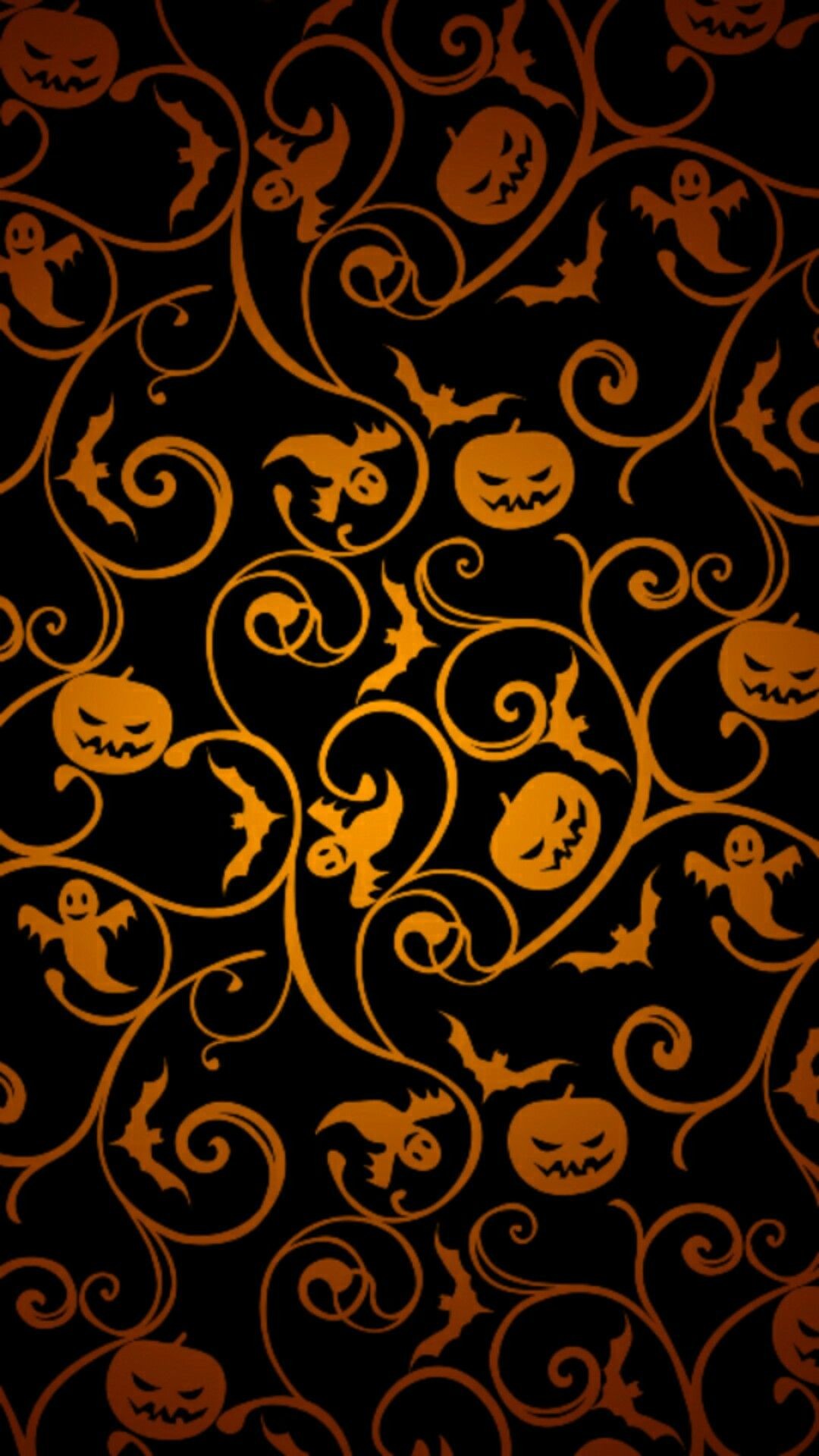 1080x1920 Halloween pumpkin vines, ghosts, bats cellphone wallpaper locks screen