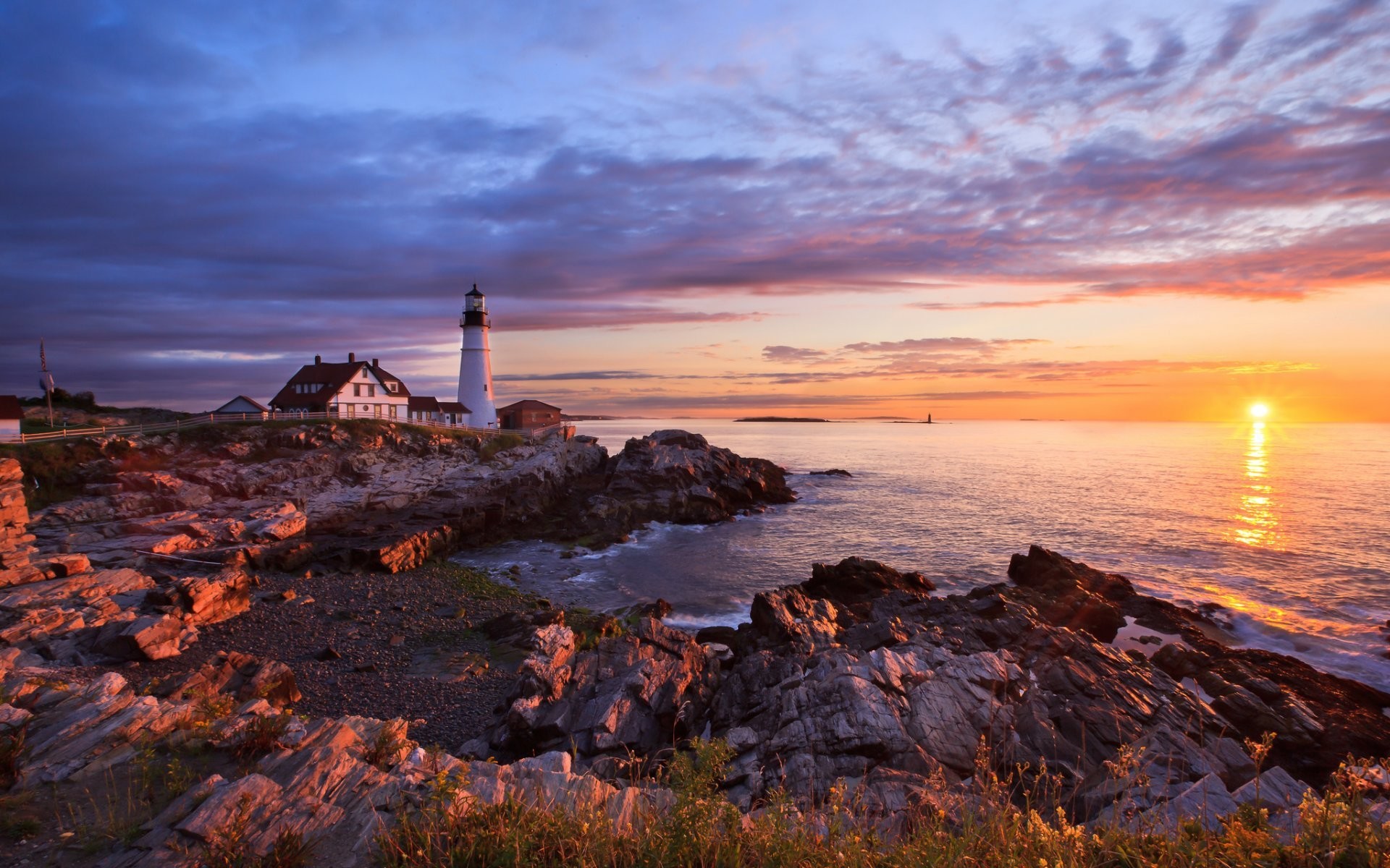 1920x1200 portland rock lighthouse sea sun dawn