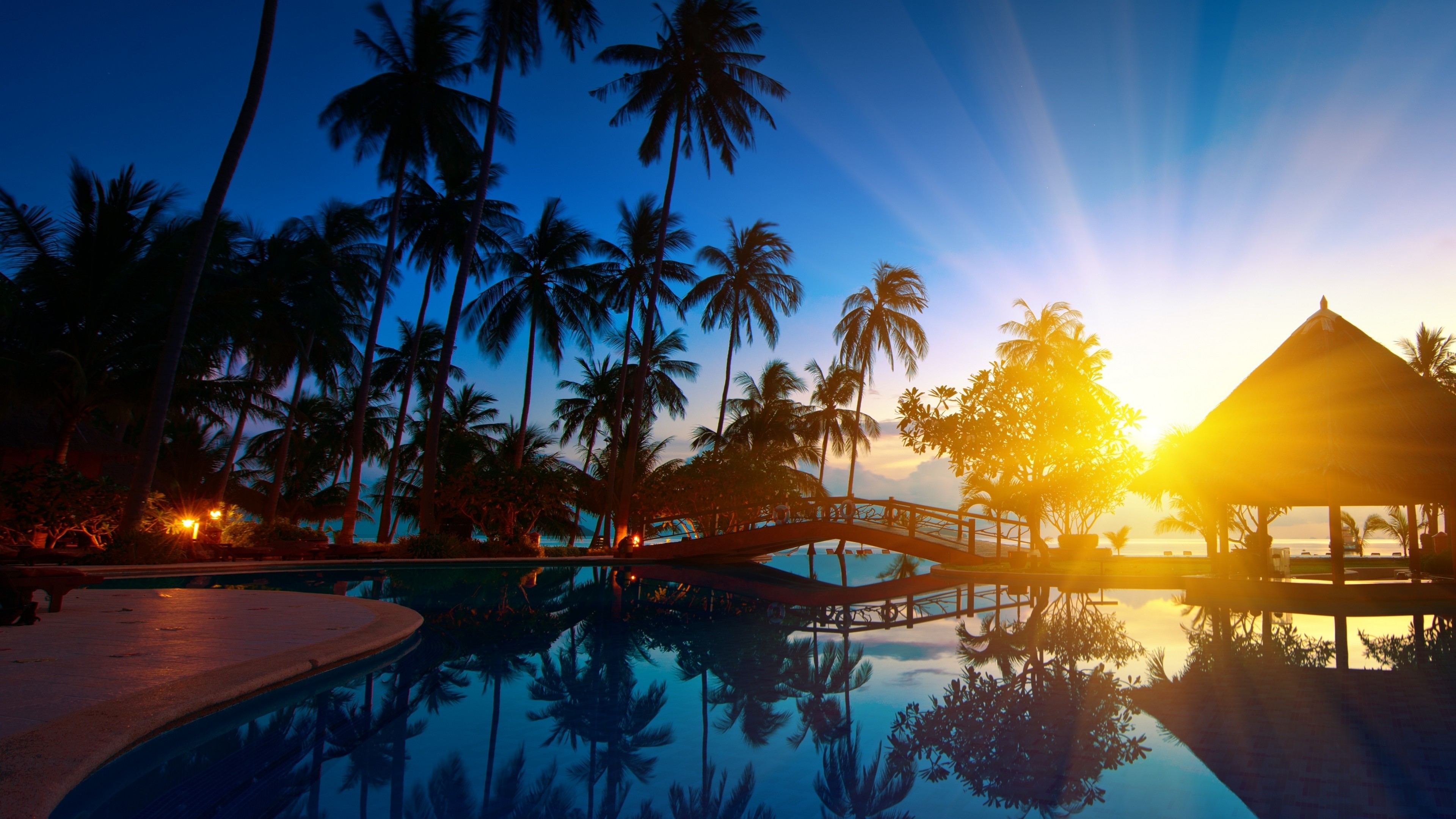 3840x2160 Preview wallpaper sunrise, thailand, paradise, trees, sea water, palm trees,