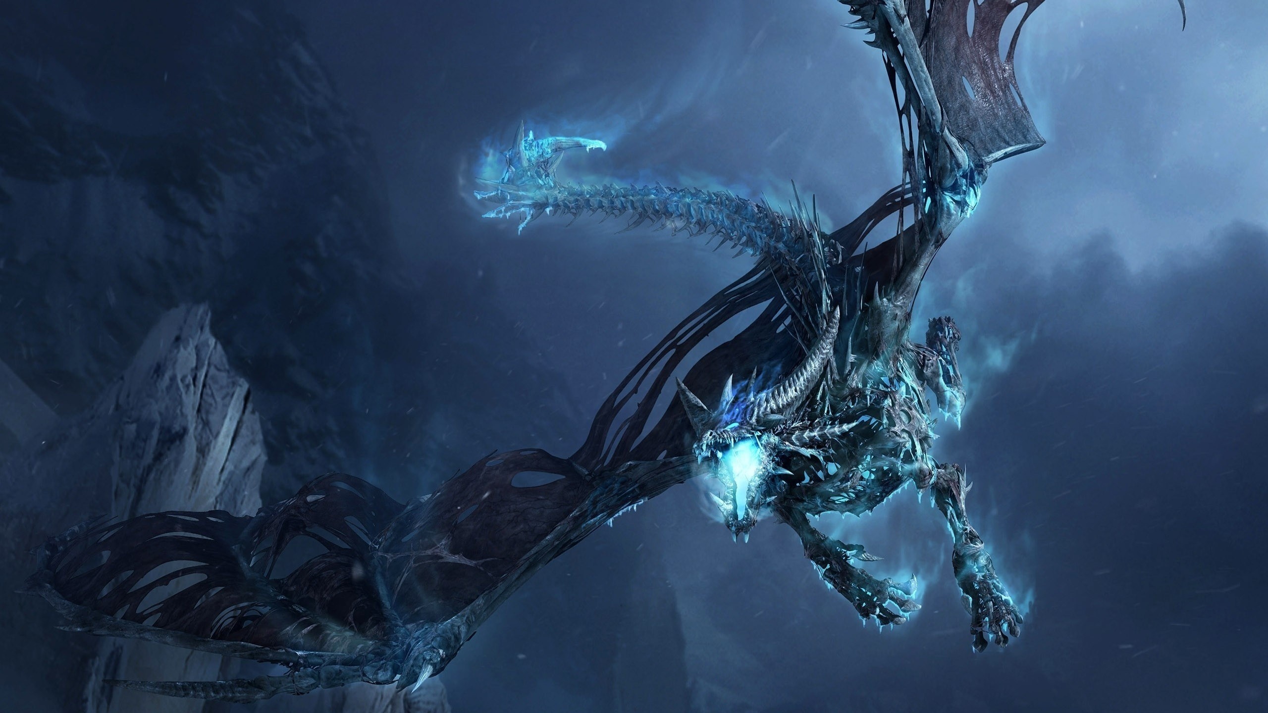 2560x1440 Preview wallpaper dragon, fly, jaws, rocks, night 