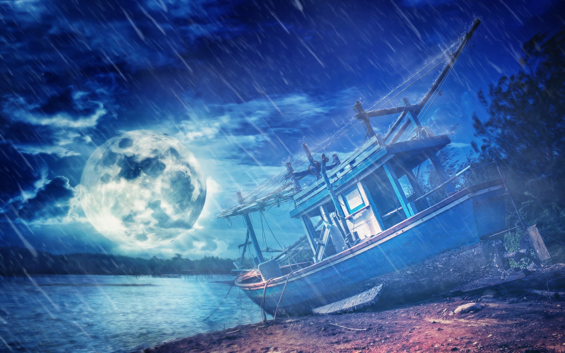 1920x1200 Stormy Night Boat Rain Fanta