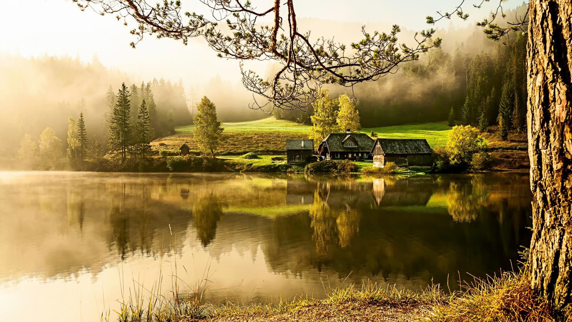 1920x1080 Country House, Lake, morning, quiet, beautiful scenery mood