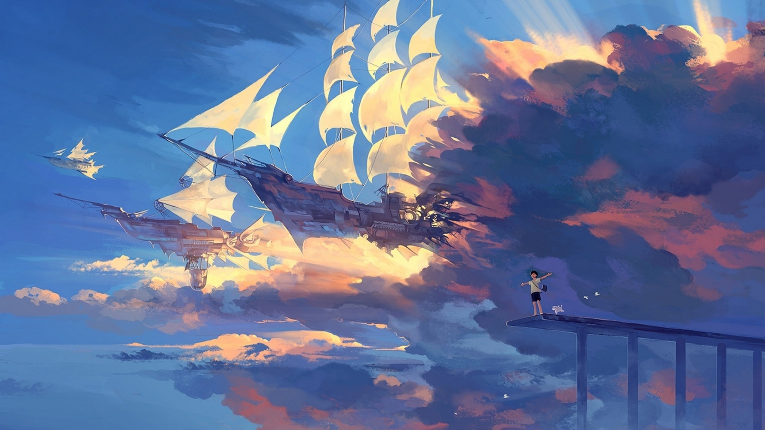 2560x1440  Wallpaper hanyijie, sky, scenery, ship, anime, art