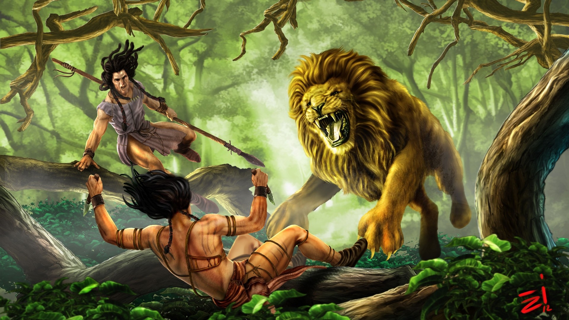 1920x1080 Art, Trees, Jungles, Forest, Battle, Weapons, Warriors, Men, Males, Boy,  lion, Predator, Fantasy, 4K HD Wallpaper - 
