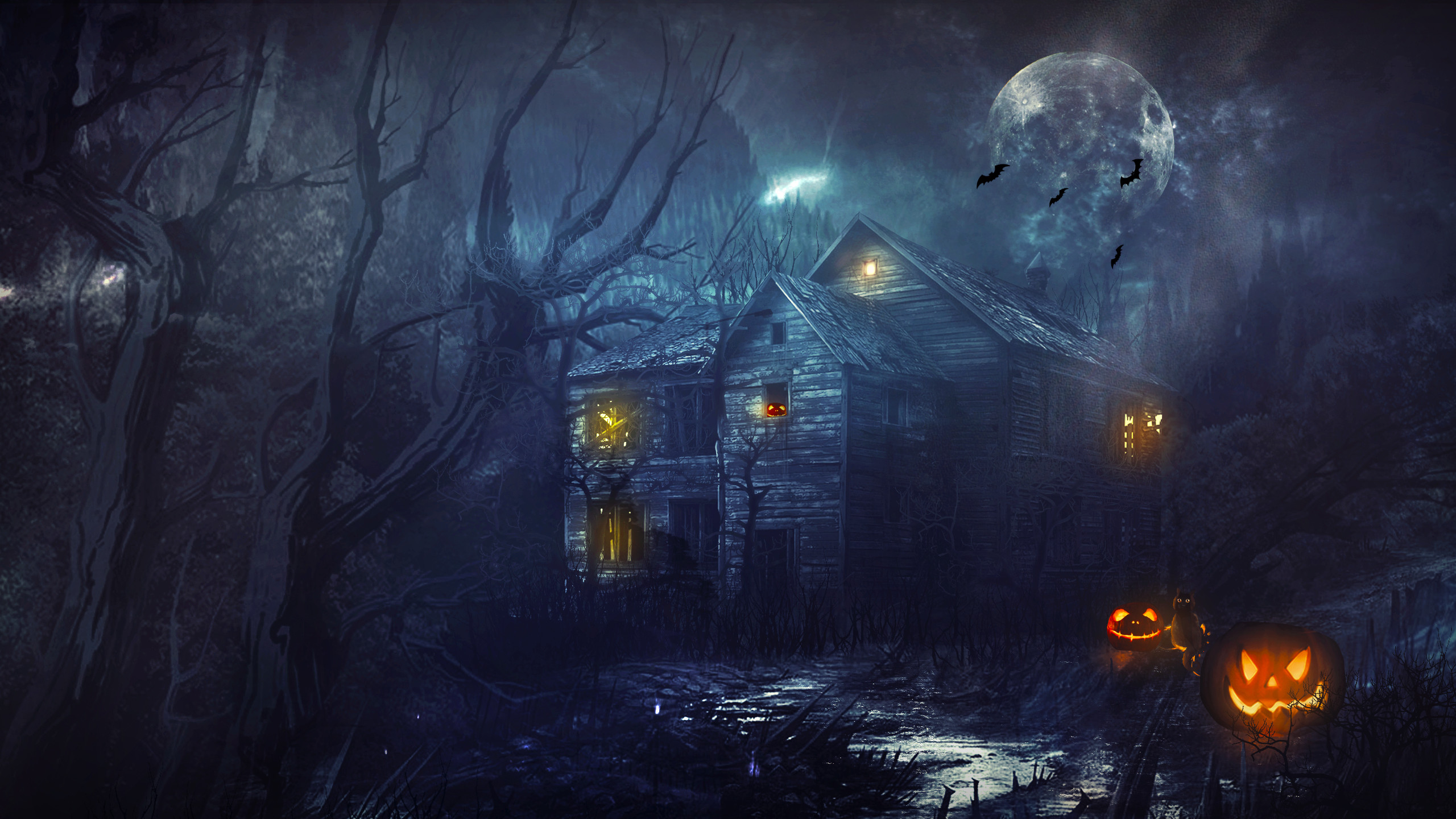 2560x1440 Haunted House Â· Haus Â· Night