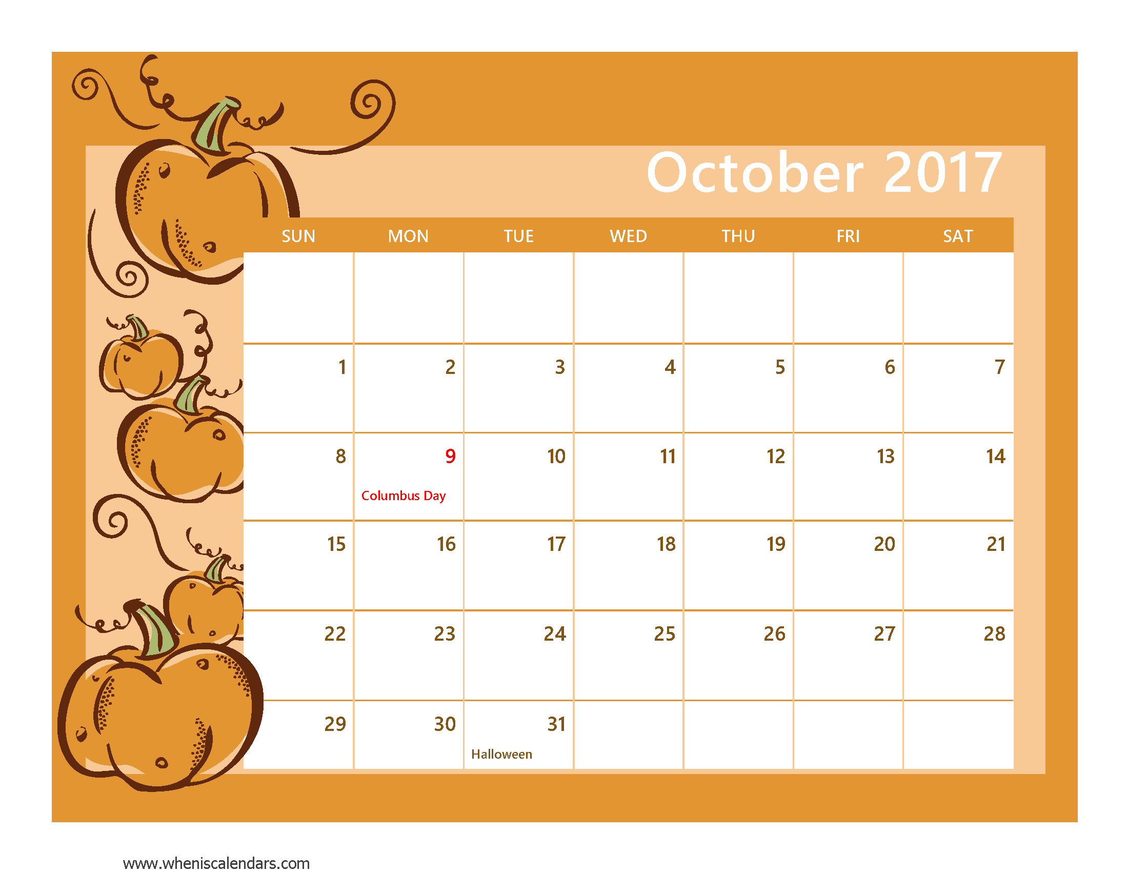2200x1700 October 2017 Calendar Cute Printable Template with Holidays