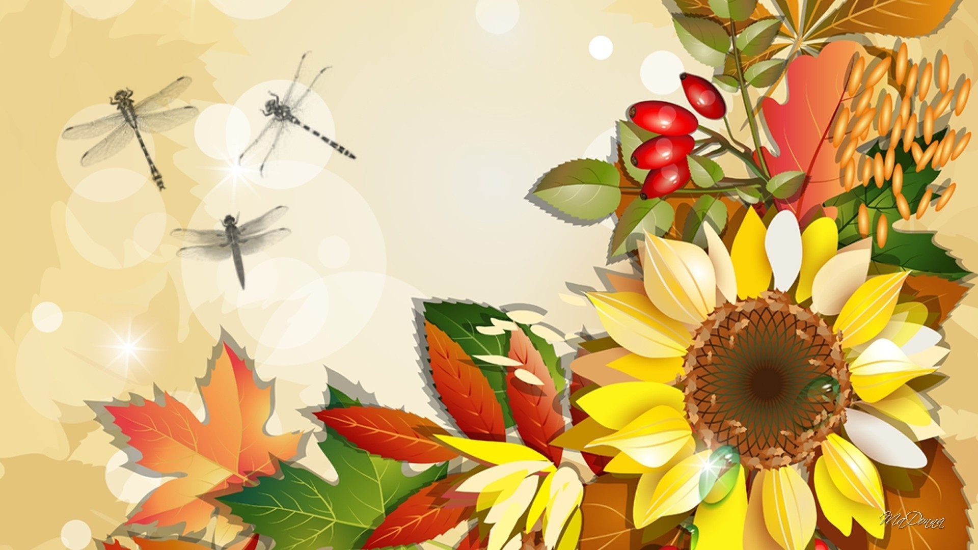 1920x1080  Sunflowers Dragonflies Fall Leaves Vector Berries Autumn Desktop  Flower Screensavers