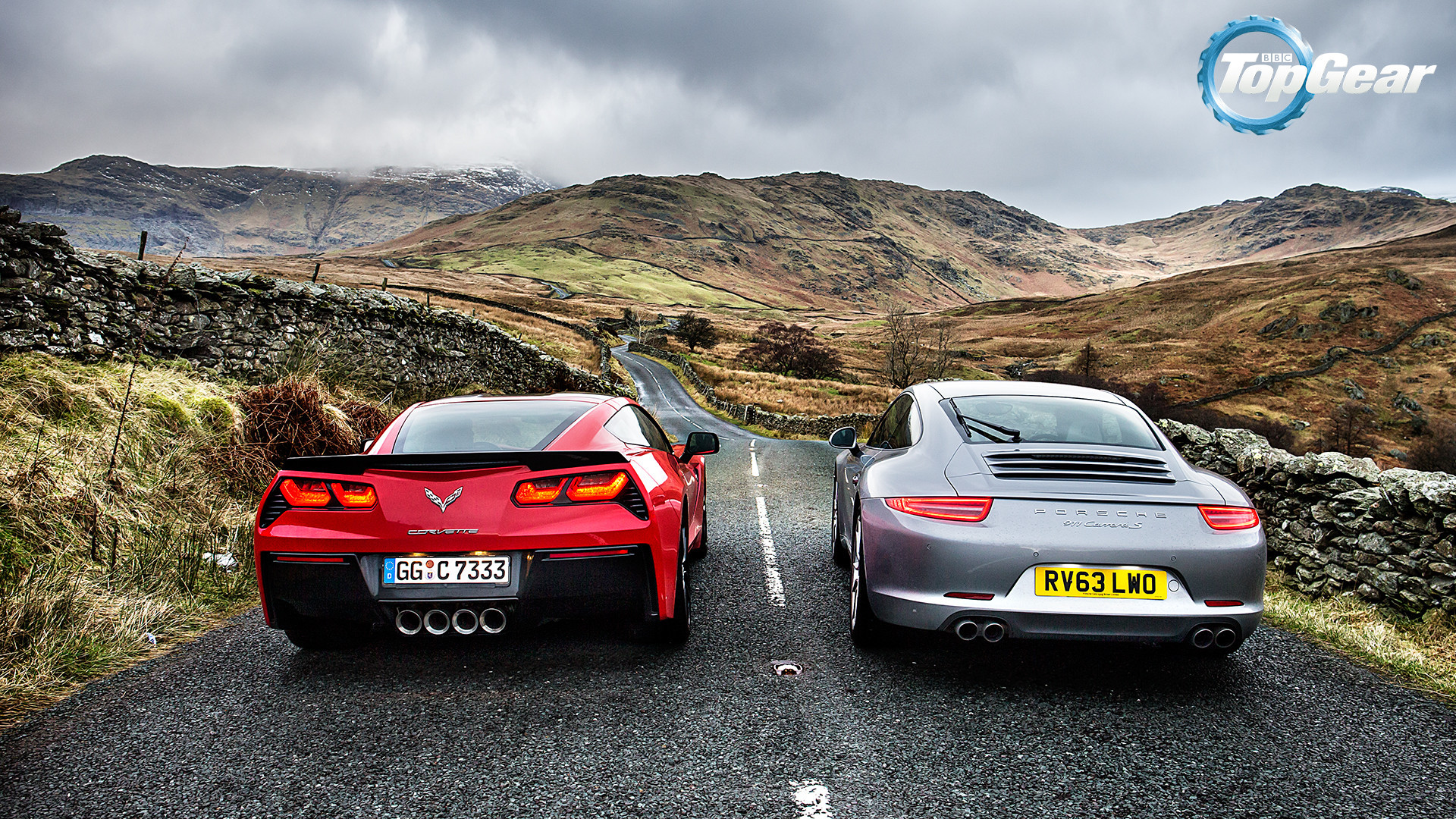 1920x1080 Top Gear Wallpaper of the C7 Corvette and the 991 Carerra S