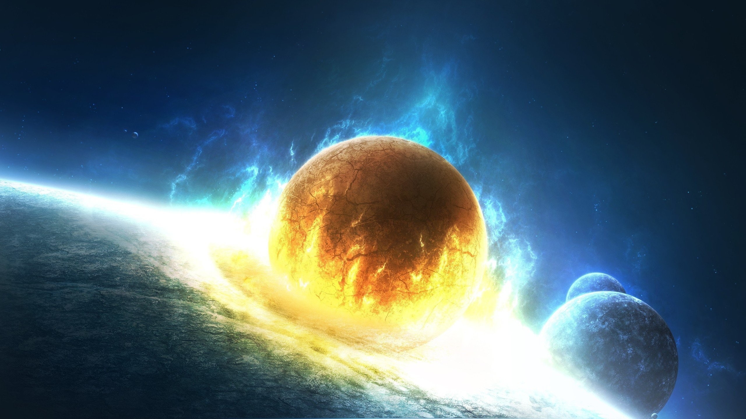 2560x1440 Outer space stars explosions planets fire Earth artwork collision wallpaper  |  | 293421 | WallpaperUP