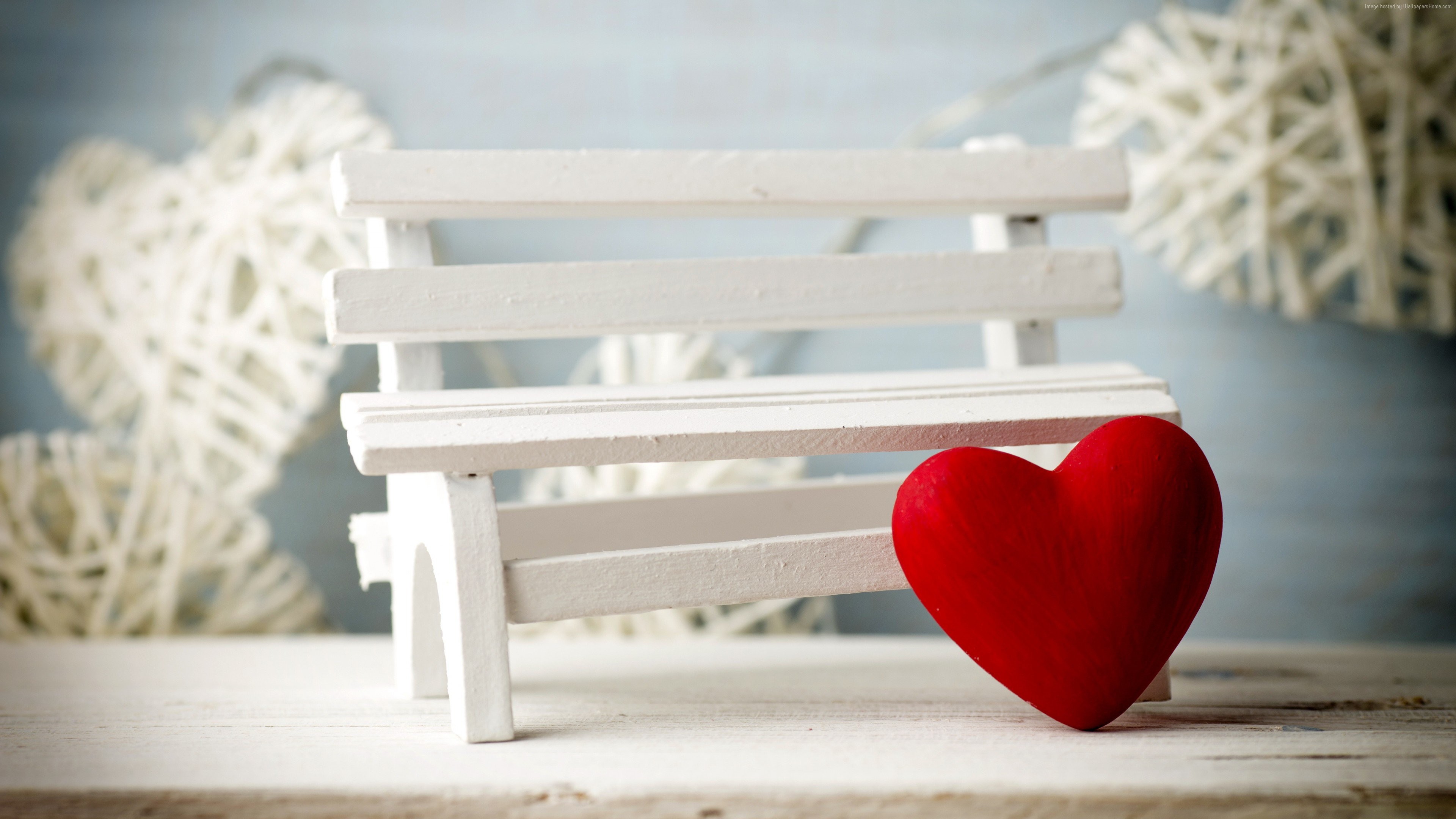 3840x2160 Red heart in front of the white bench