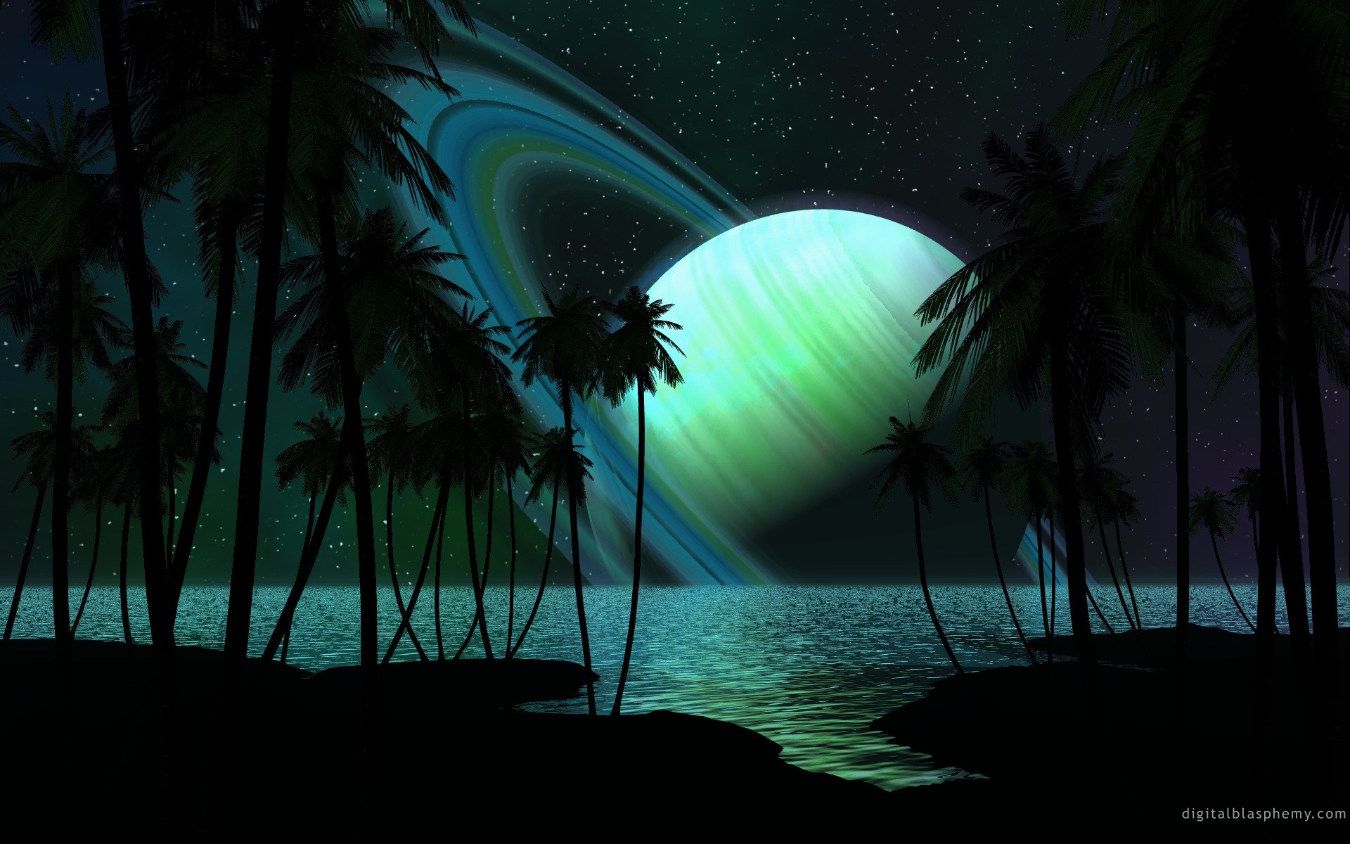 1920x1200 Wallpaper Saturn, Palm trees, Water, Darkness, Fantasy HD, Picture, Image