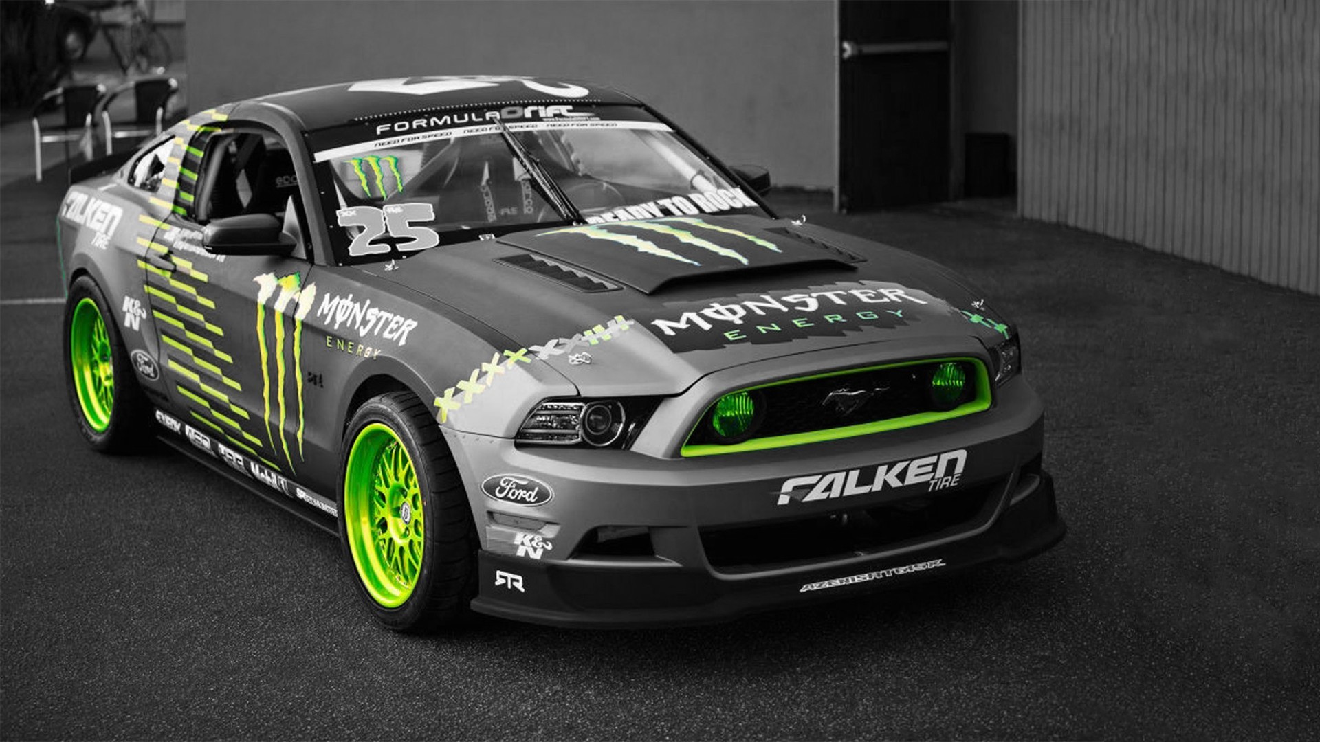 1920x1080 Green-cars-Ford-Mustang-selective-coloring-Monster-Energy-