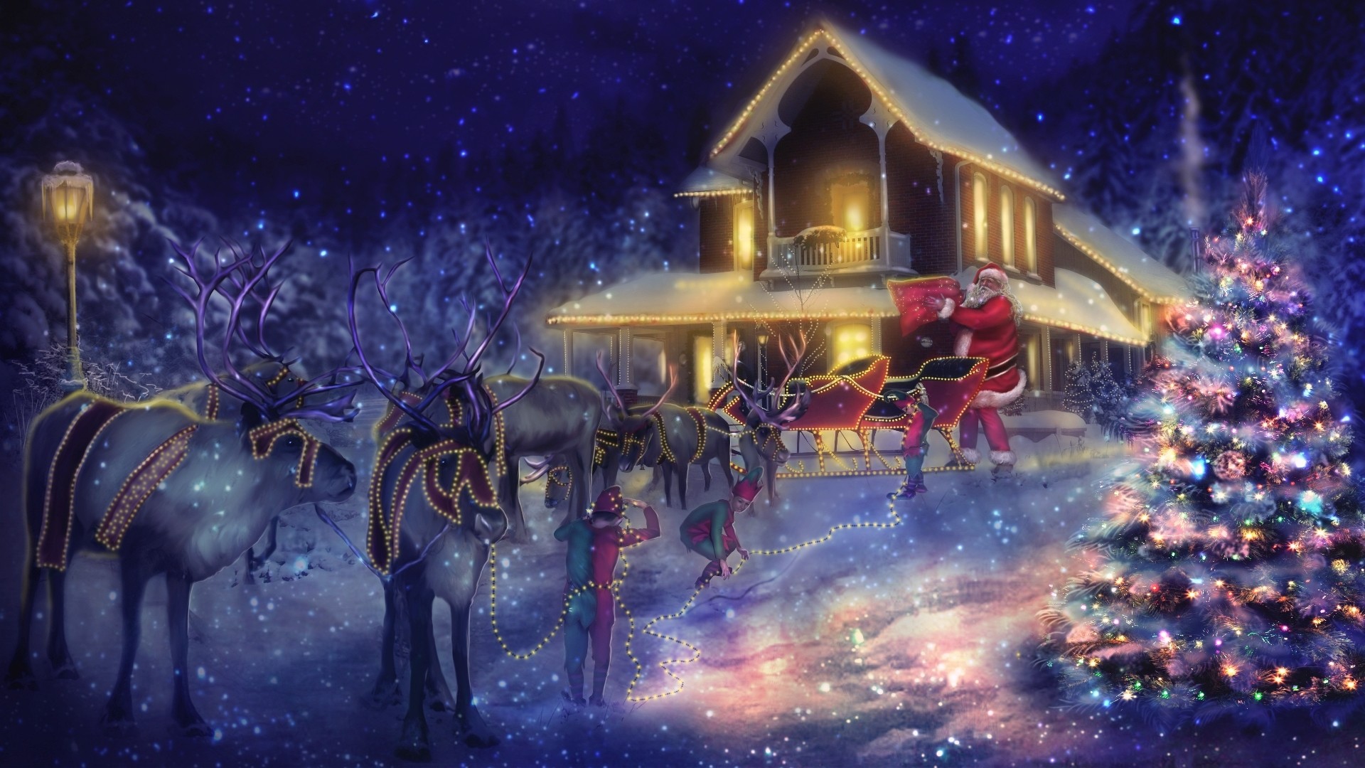 1920x1080 Holiday - Christmas Holiday Santa Reindeer Sleigh Christmas Tree Christmas  Lights Wallpaper