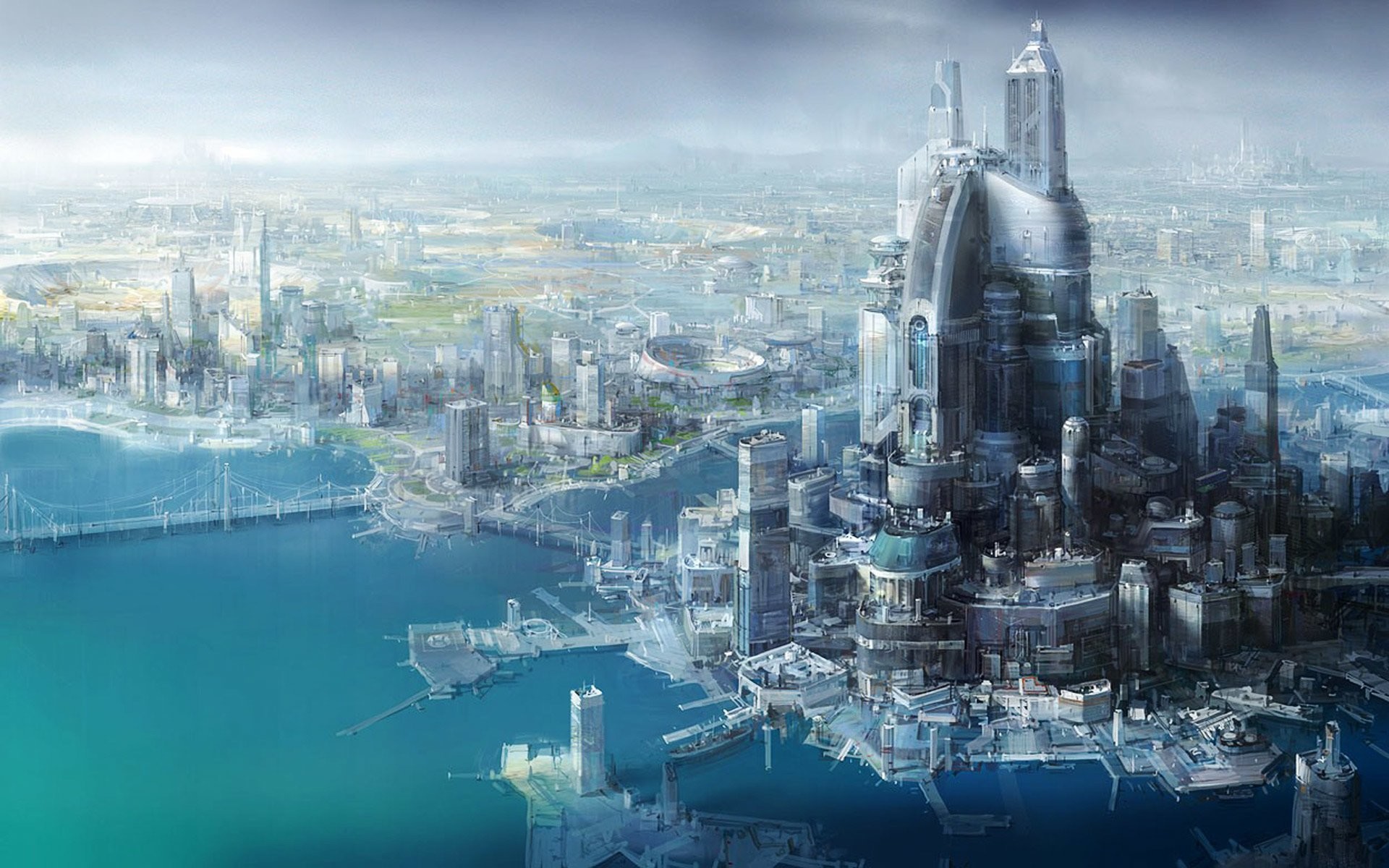 1920x1200 Science-Fiction - GroÃstadt Futuristic Ozean Wasser Docks GebÃ¤ude  Wolkenkratzer Blau WeiÃ Star Wars Metropolis