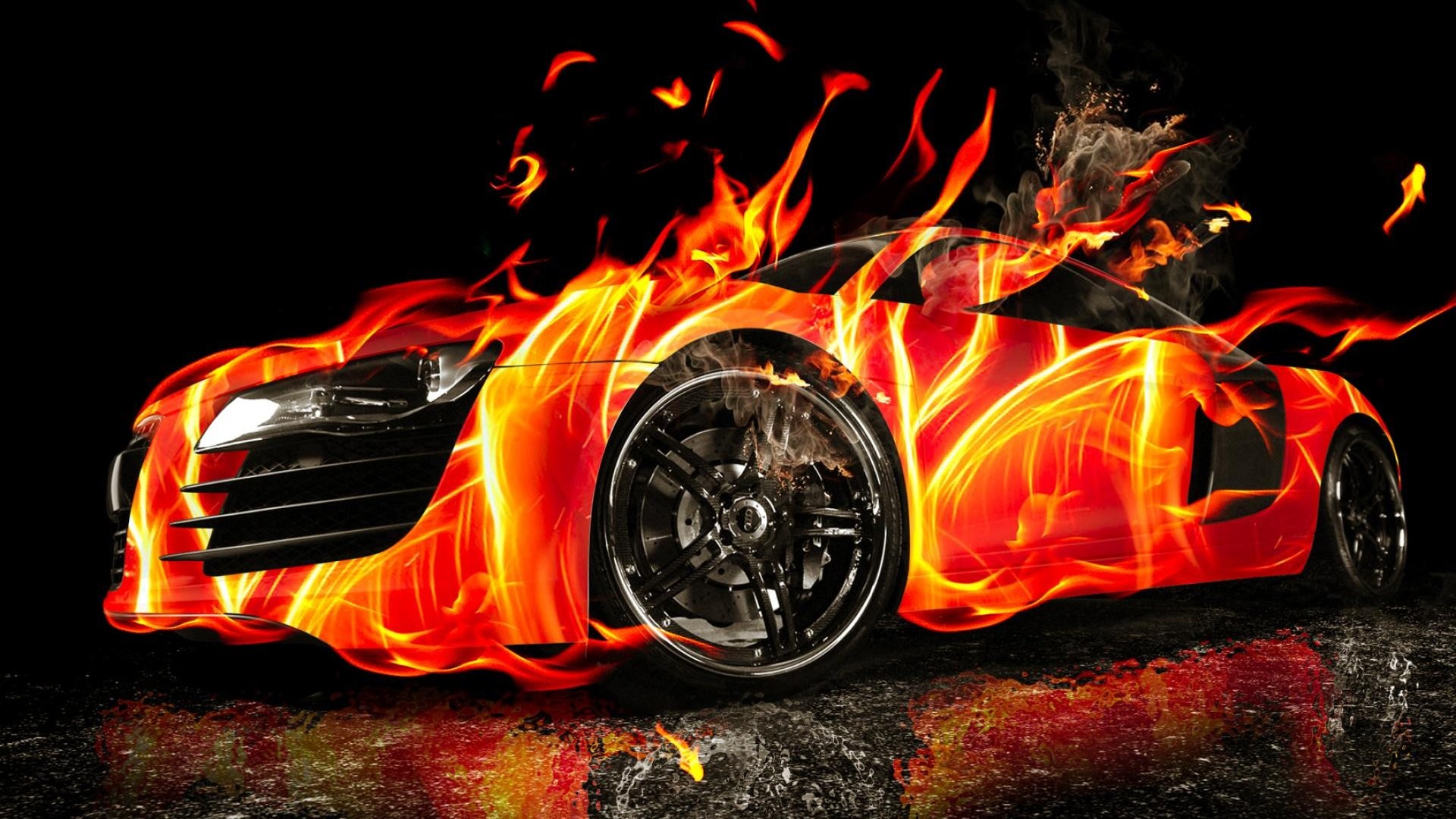 1920x1080 3D Car on fire HD wallpaper