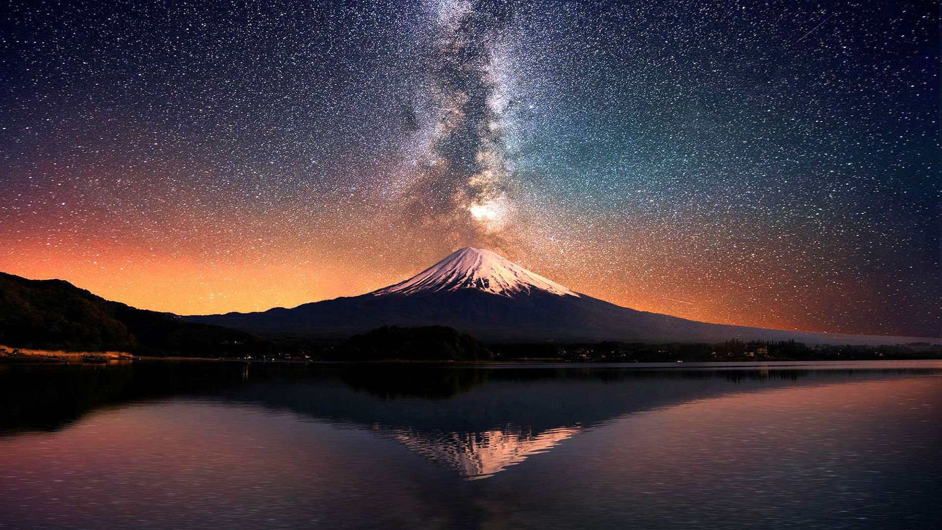 1920x1080 volcano mountain lake sky stars reflection lava nature landscape mountains  fire wallpaper