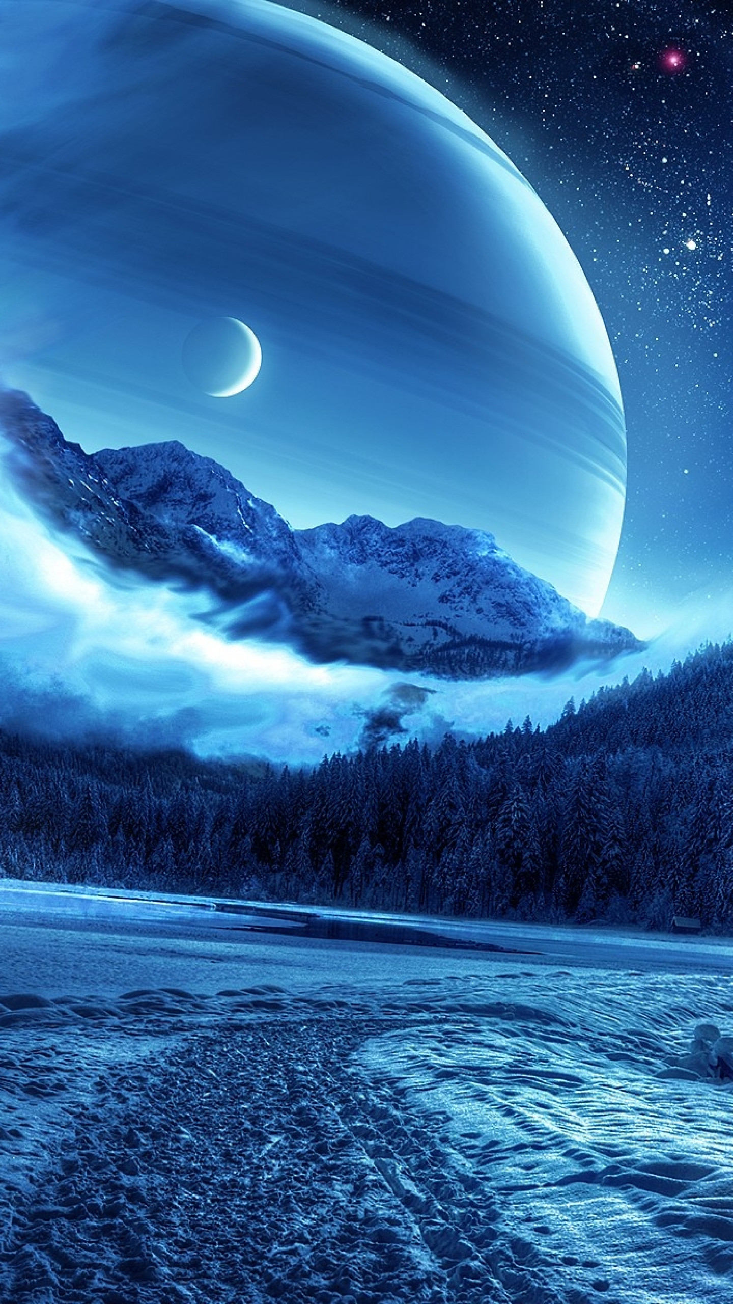 1440x2560 Preview wallpaper winter, night, mountains, road, planet, fantastic  landscape 