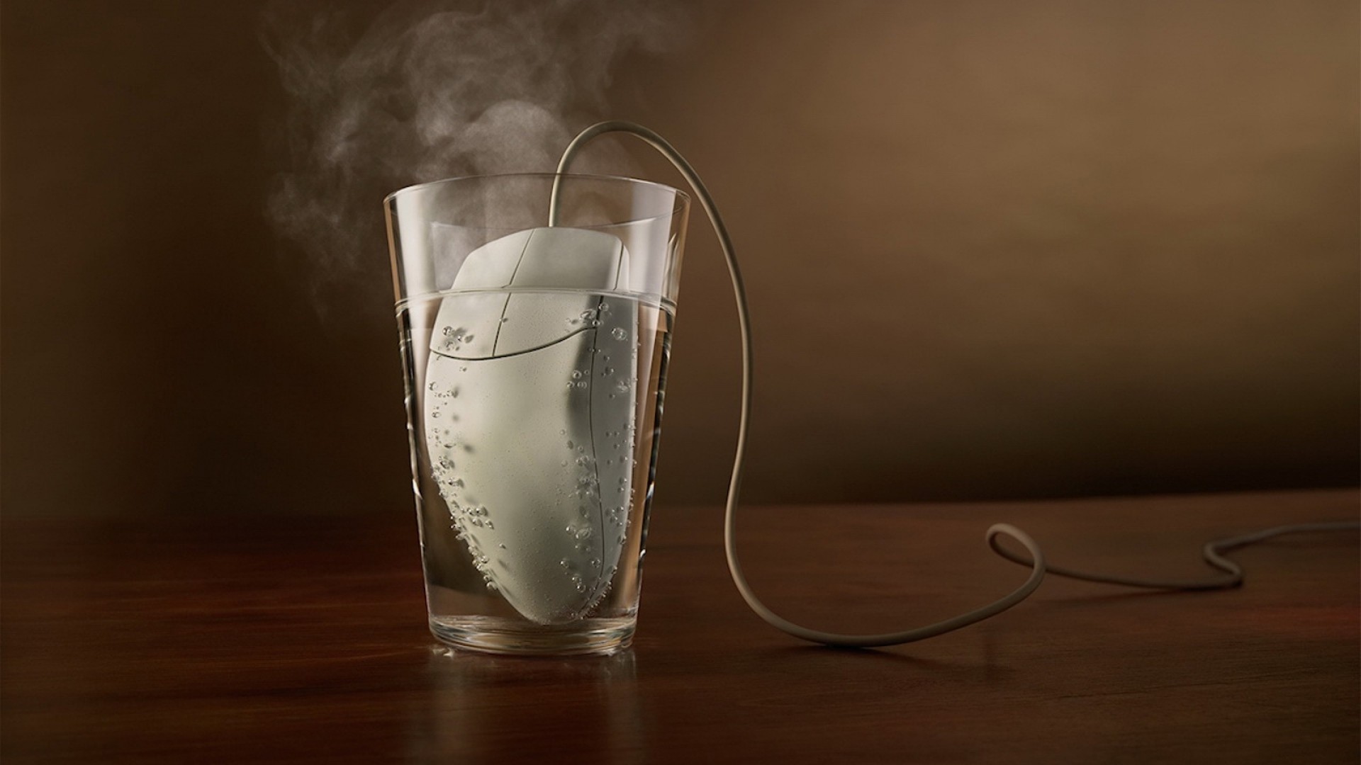 1920x1080  Wallpaper glass, steam, mouse, water, table