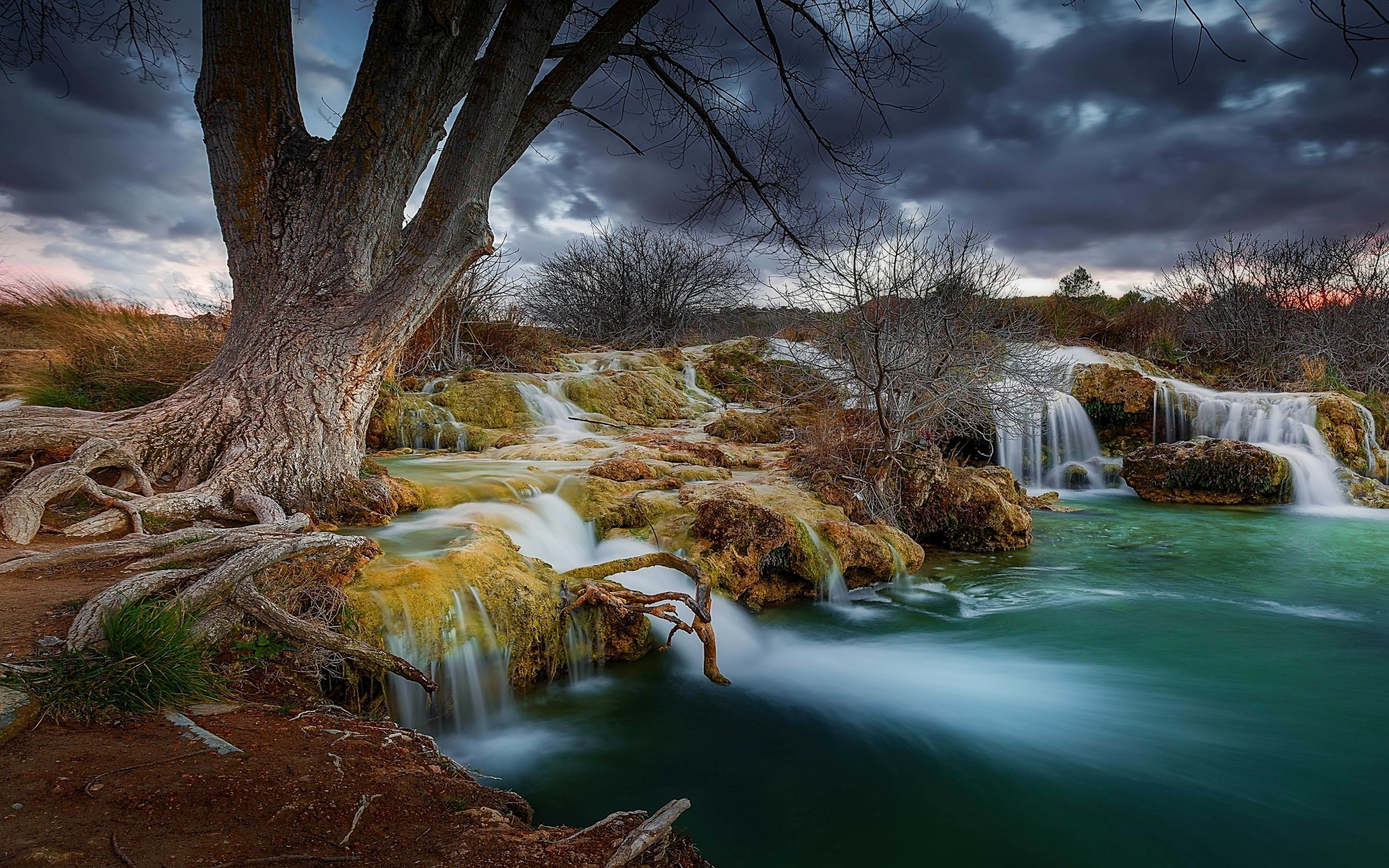 2500x1563 Nature, Landscape, Waterfall, Trees, Pond, Roots, Sky, Fairy Tale