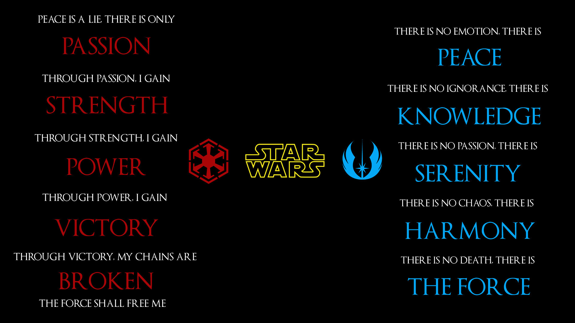 1920x1080 Variants for only Sith, or only Jedi: http://imgur.com/a/qBQGH Edited so  that "The Force" is highlighted in the Sith Code, Rather than "Broken" ...