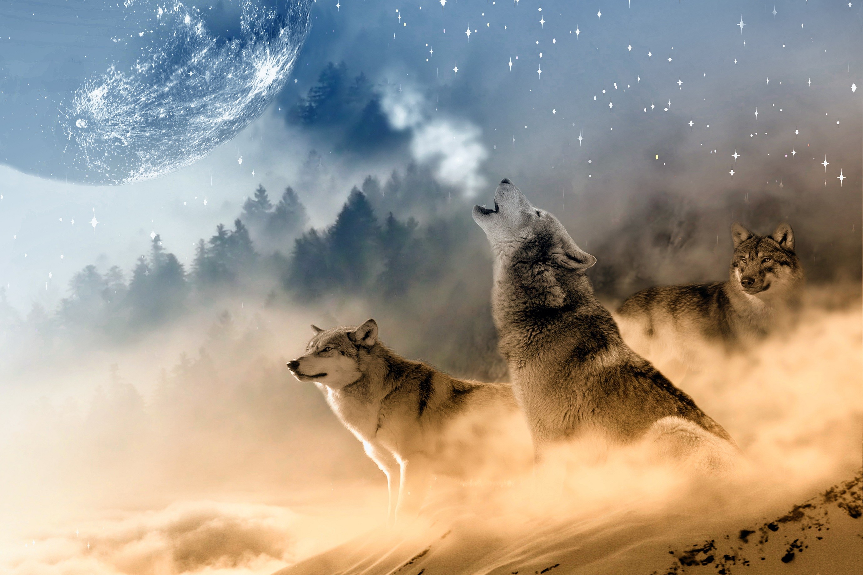 2760x1840 Tiere - Wolf Tiere Mond Fantasy Wallpaper