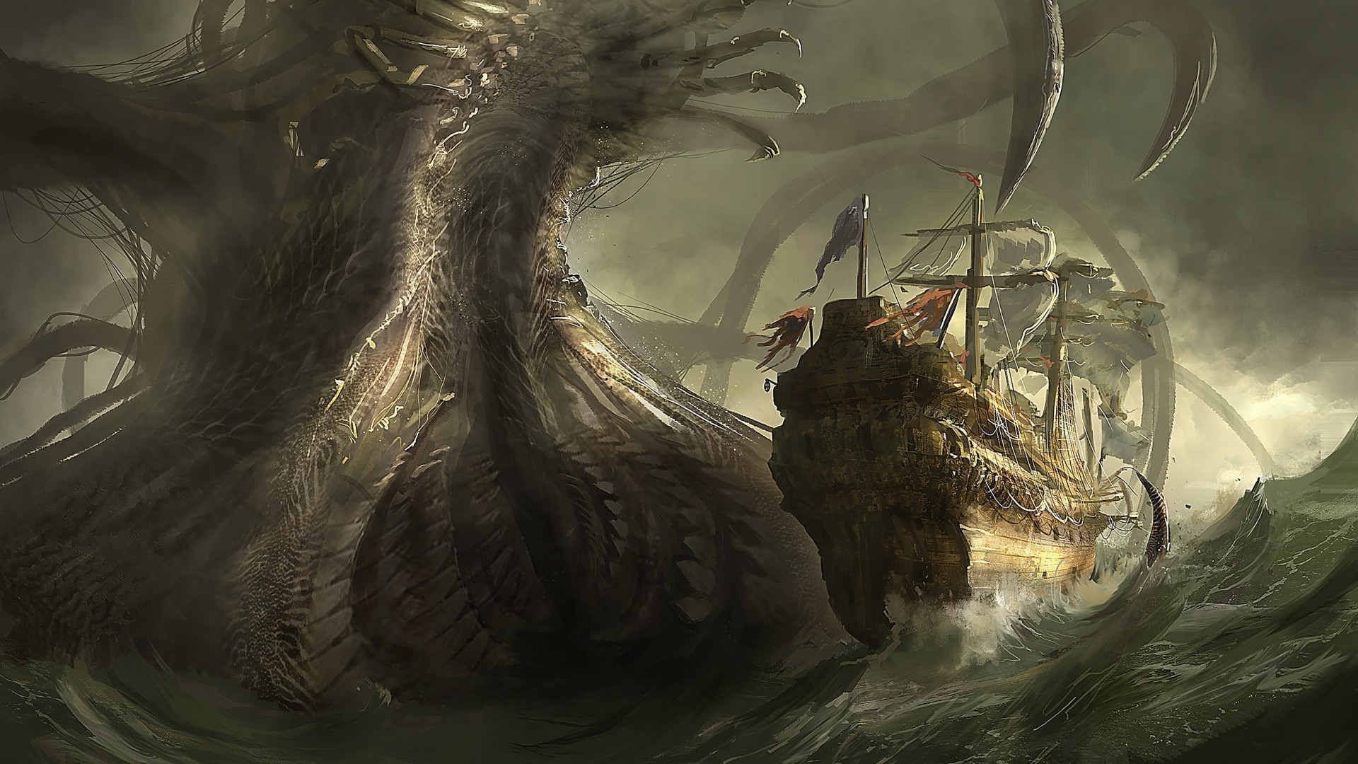 1920x1080 open mouth, Fantasy art, Digital art, Pixelated, Artwork, Science fiction,  Kraken, Creature, Sea, Pirates of the Caribbean: The Curse of the Black  Pearl, ...