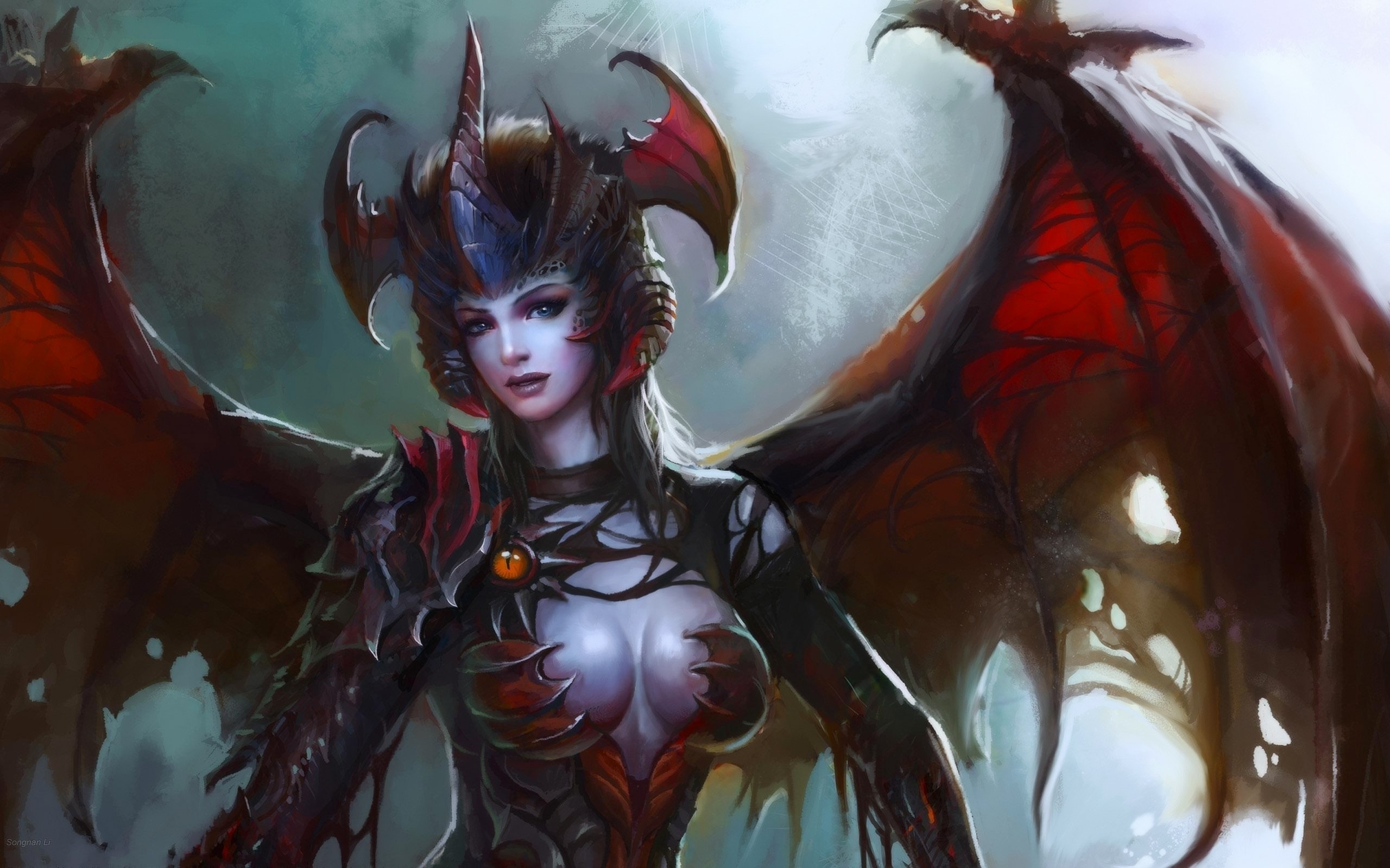 2560x1600 Wings succubus horns armor artwork demon girl wallpaper