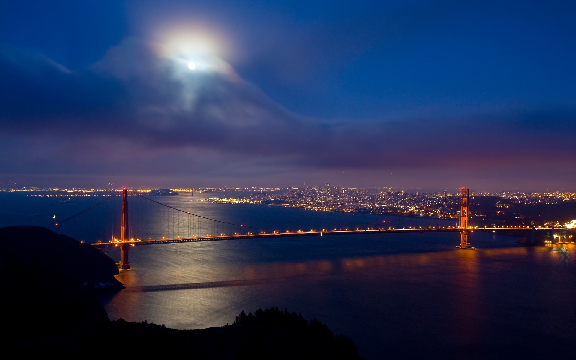 1920x1200 Golden Gate San Francisco world architecture bridges cities skyline  cityscape night lights bay water vehicles traffic sky clouds moon wallpaper  |  ...