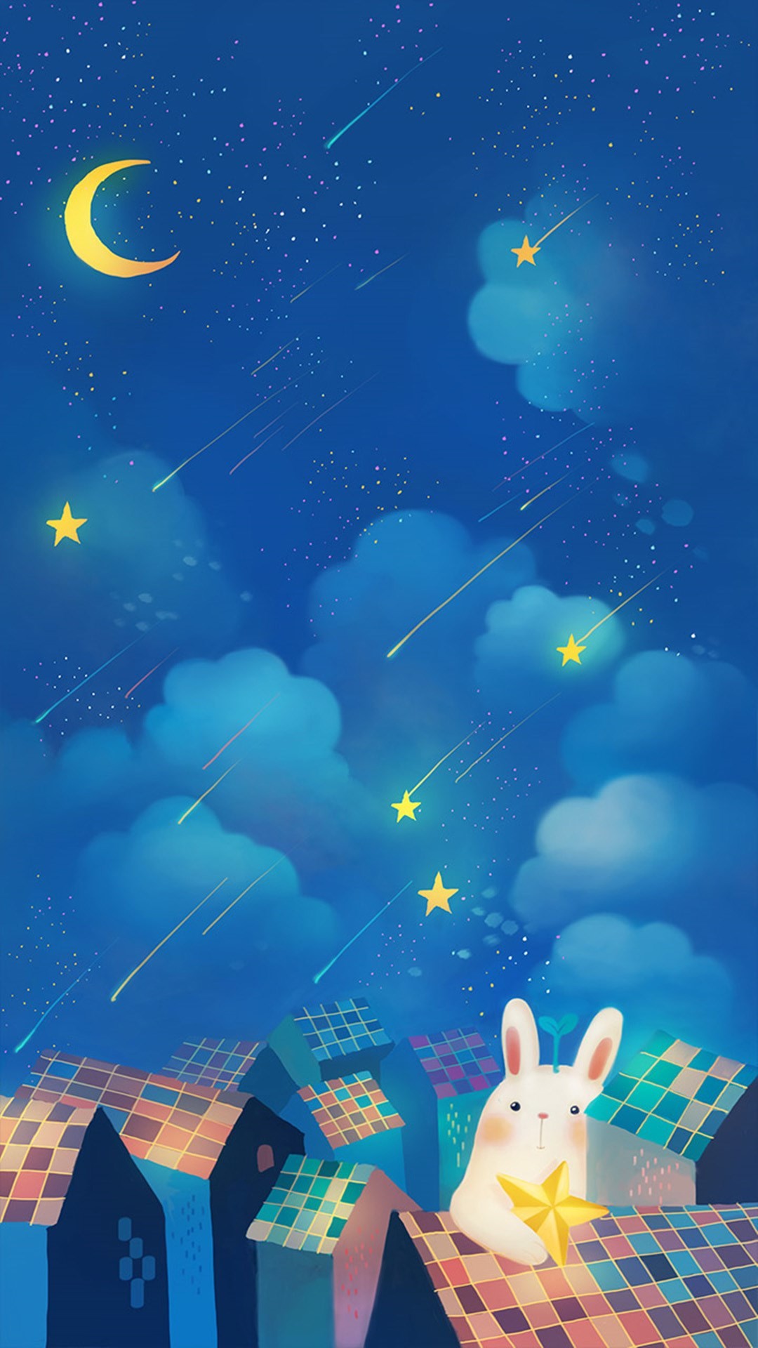 1080x1920 <b>Romantic Night Moon Star Clouds Sky Rabbit House Top wallpaper</b